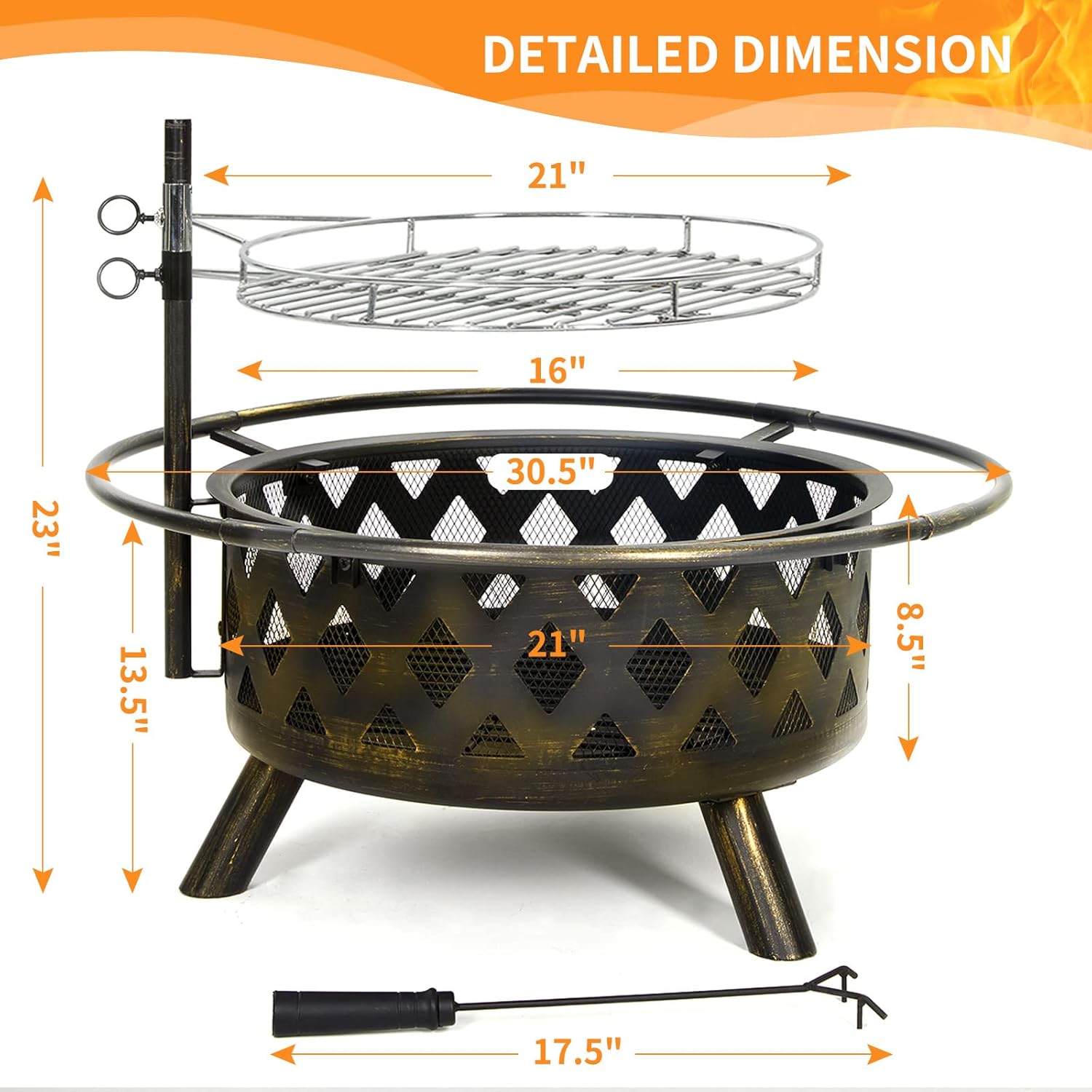 UDPATIO 2 in 1 Outdoor Fire Pit with Grill Cover & Mat, Large 30" Wood Burning FirePits with Swivel Cooking Grate Outdoor Firepit with Spark Cover for Backyard Bonfire Patio Outside Picnic BBQ