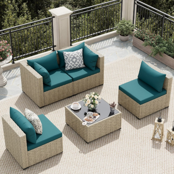 UDPATIO 5 Pieces Outdoor Patio Furniture Set, Outdoor Wicker Patio Conversation Set with Cushions for Backyard, Porch, Garden(Peacock Blue)