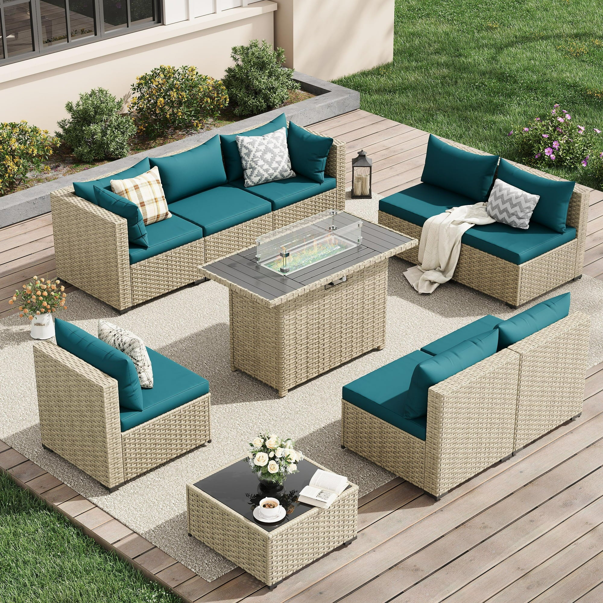 UDPATIO 9 Pieces Outdoor Patio Furniture Set with 44" Fire Pit Table, Outdoor Wicker Patio Conversation Set with Cushions for Backyard, Porch, Garden(Peacock Blue)