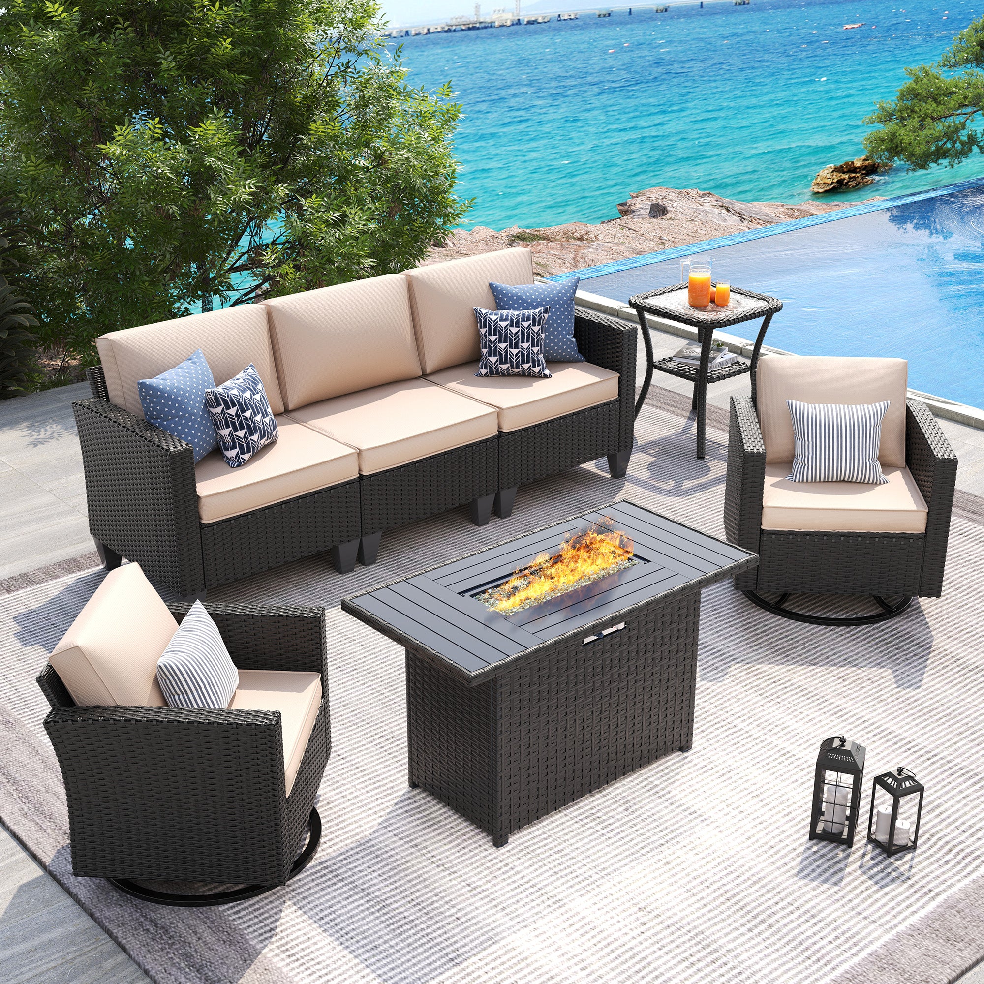 UDPATIO Patio Furniture Set with Fire Pit Table, Rocking Swivel Chairs, 5 Pieces Outdoor Furniture Sets, All-Weather Wicker Outdoor Sectional Sofa with Waterproof Cover, 4'' Thickened Cushion, Khak