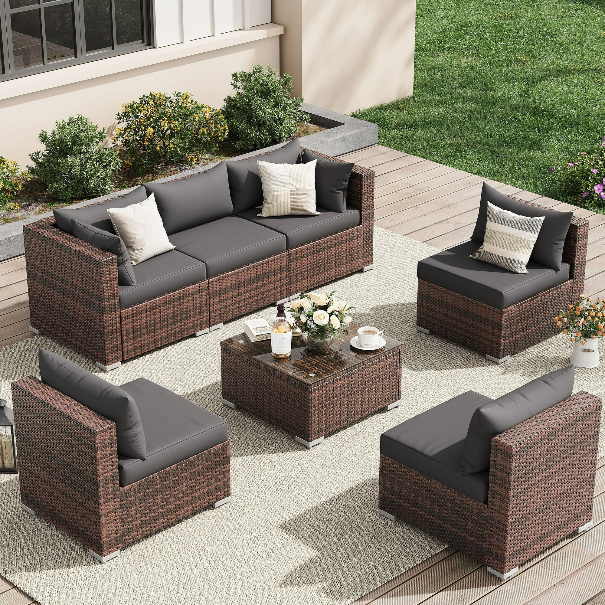 UDPATIO 7-Piece Rattan Outdoor Conversation Set with Glass Coffee Table, Grey