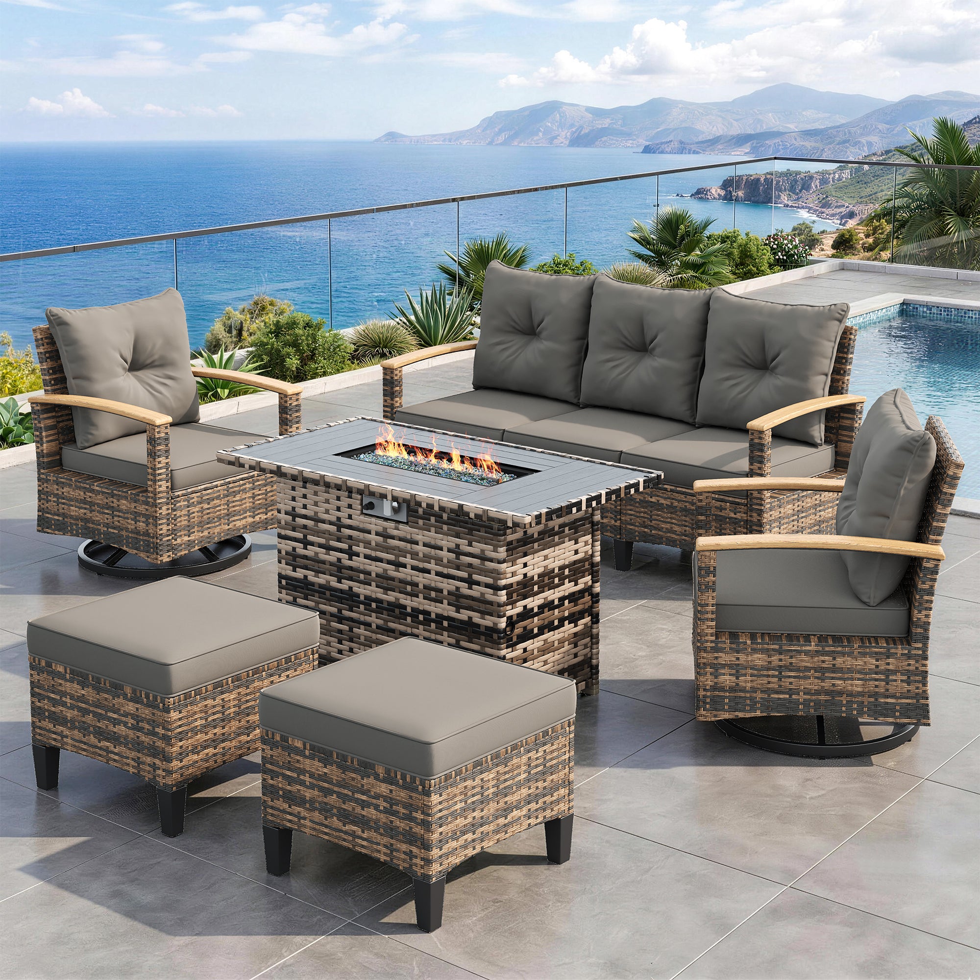 UDPATIO Patio Furniture Set with Fire Pit Table, 360° Swivel Chairs, 6 Pieces Outdoor Wicker Conversation Set for Lawn, Porch, Garden, Backyard, Grey