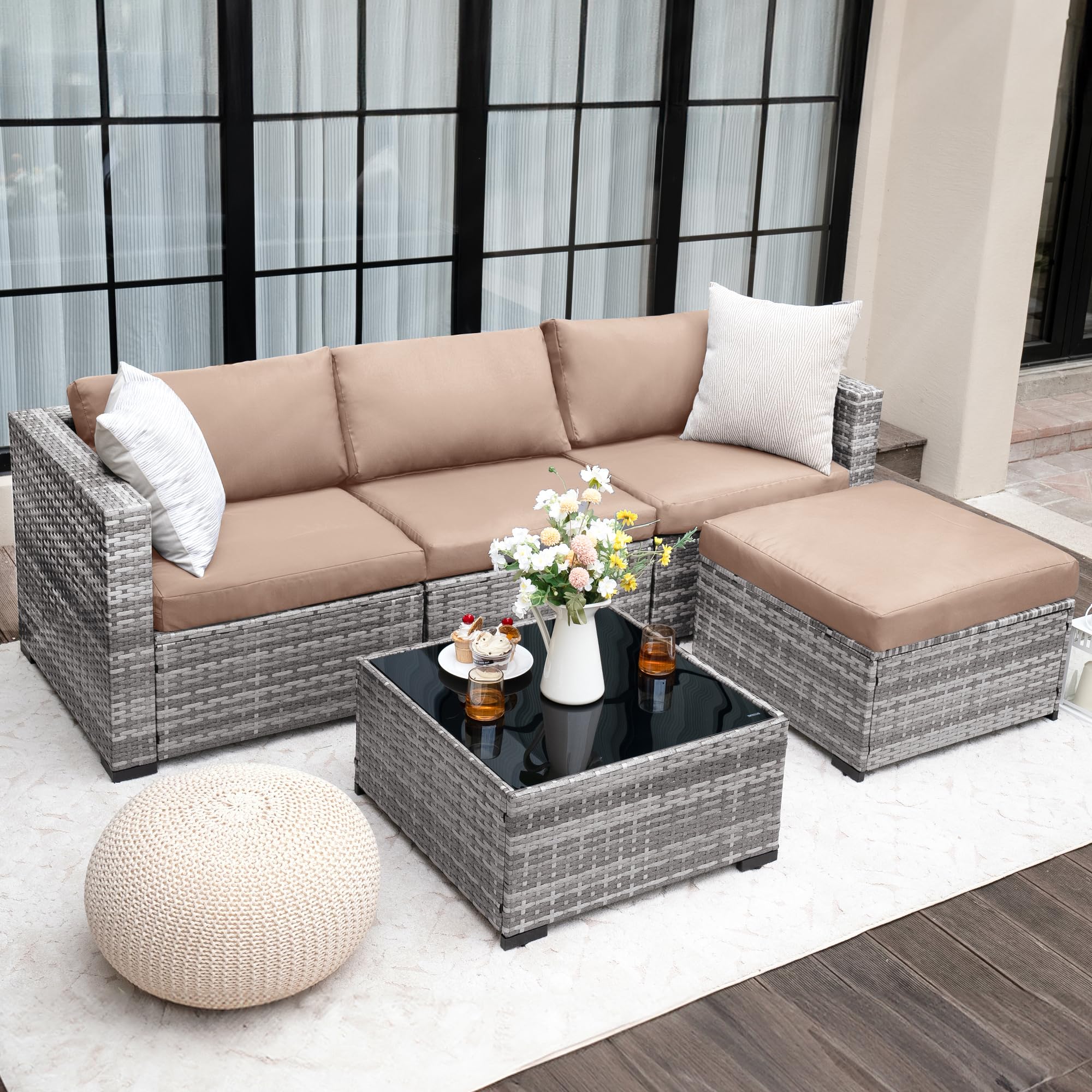 UDPATIO 5 Piece Patio Furniture Set, All-Weather Wicker Outdoor Sectional Sofa, L Shaped Outdoor Conversation Couch with Ottoman, Glass Table for Balcony Porch Backyard, Khaki