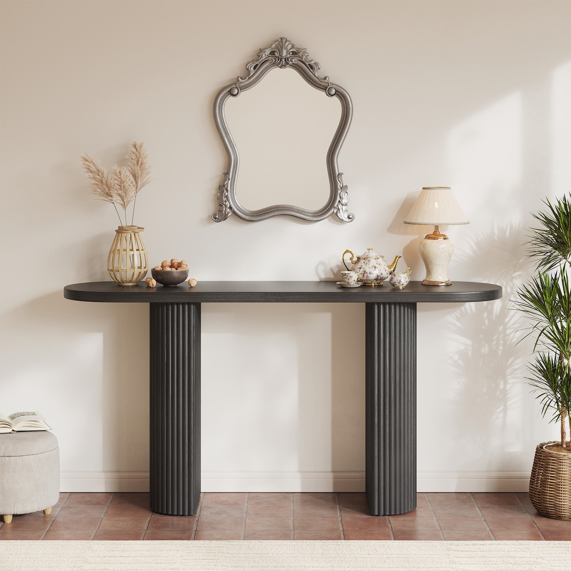 GRANKASA 60.2 Inch Oval Solid Wood Console Table, Oak TV Stand with Natural Walnut Finish & Vertical Striped Legs - Mid-Century Modern Sofa Table for Living Room (Black)