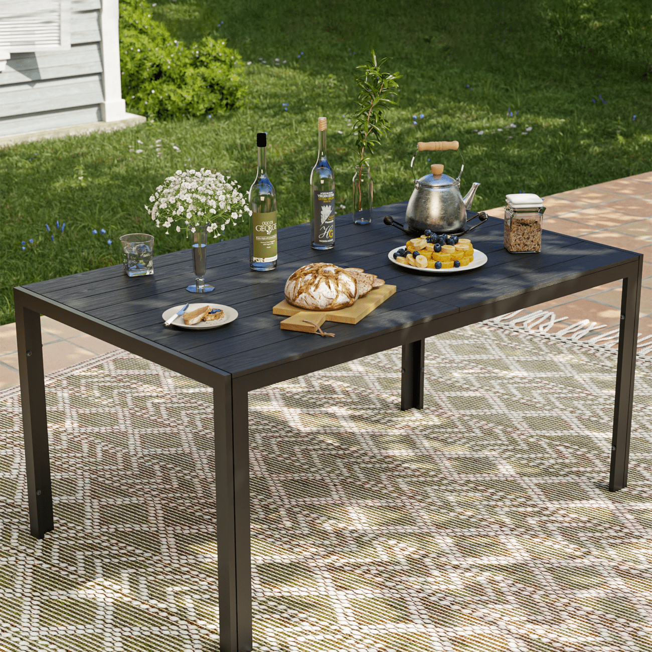 UDPATIO Rectangular Outdoor Dining Table, Outdoor Furniture Garden Table with Umbrella Hole, Brown