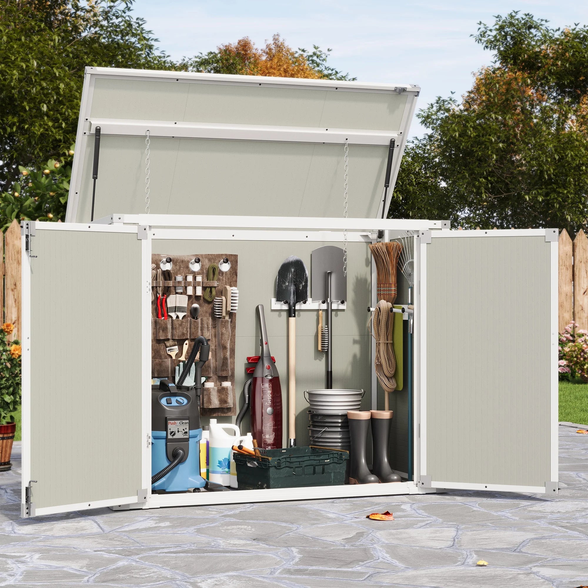 UDPATIO 41 Cu.Ft Horizontal Storage Shed Outdoor, Weatherproof Resin Storage Shed with Floor Thickened, Gas Spring, Lockable Doors for Trash Can Storage, Tools, Lawn Mower, for Patio, Sand