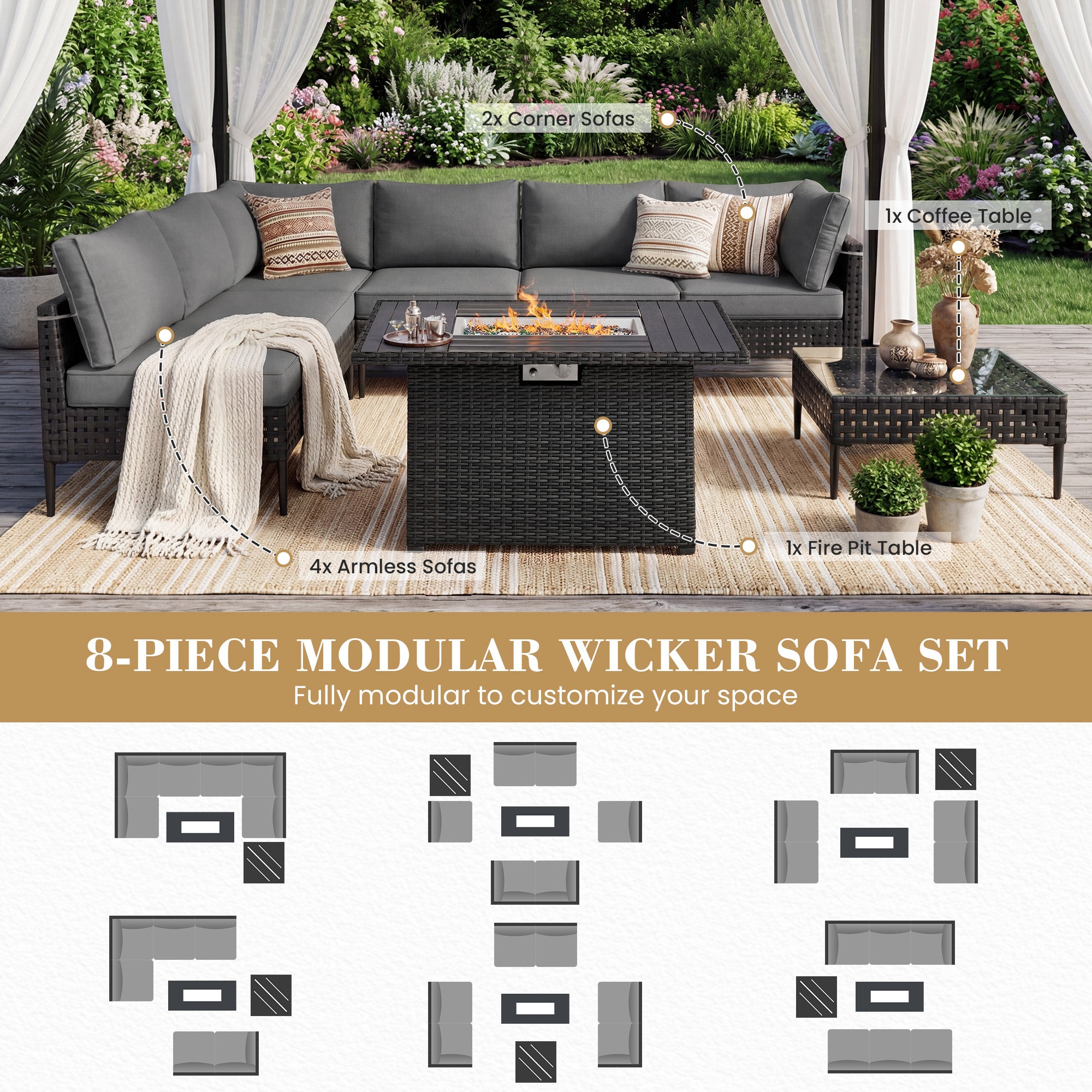 UDPATIO Wicker Patio Furniture Set with Sectional Sofas, All-Weather Cushions and Fire Pit Table, Bohemian Style and High-Leg Design for Garden, Deck, Poolside (Dark Gray/8 Piece)