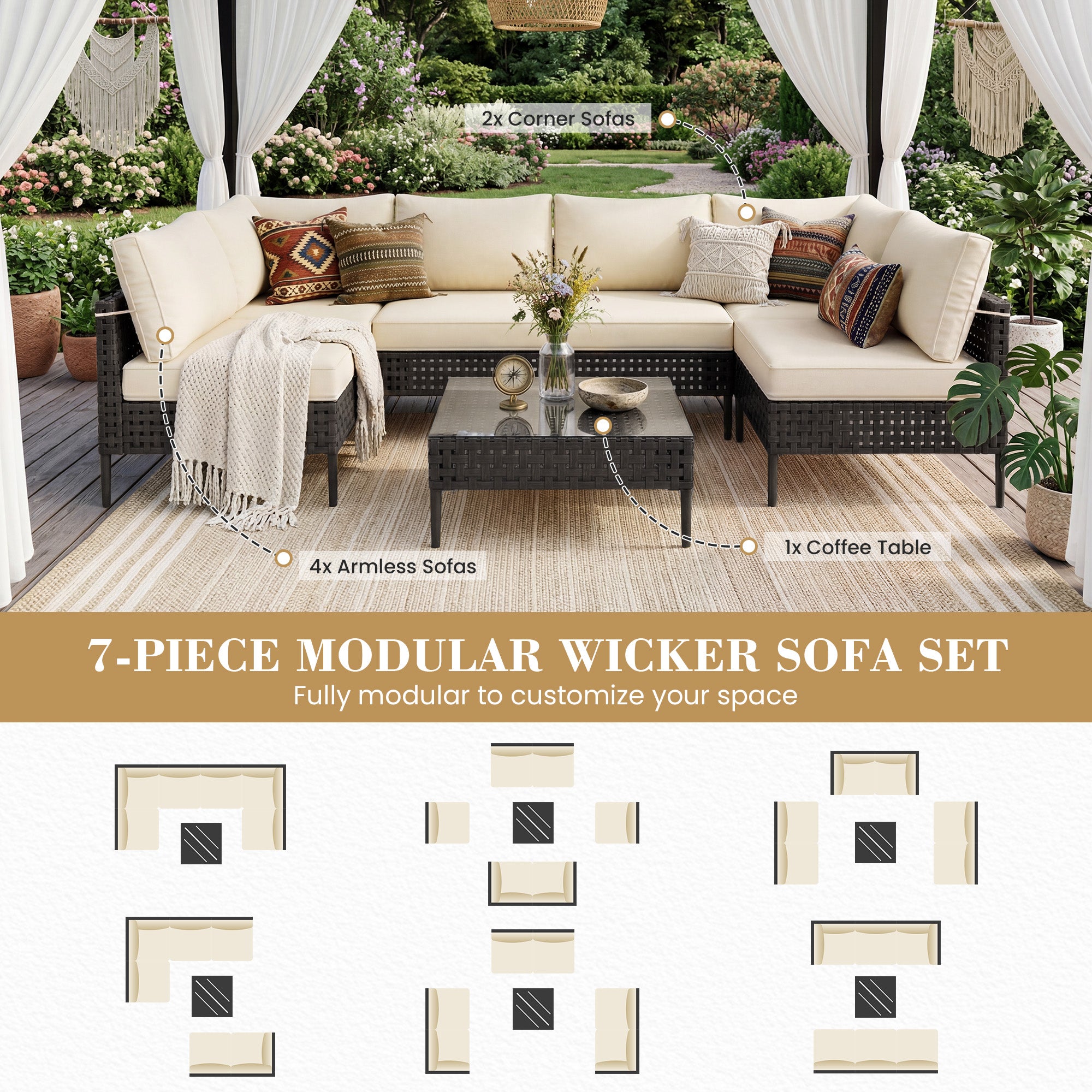 UDPATIO Wicker Patio Furniture Set with Sectional Sofas, All-Weather Cushions and Coffee Table, Bohemian Style and High-Leg Design for Garden, Deck, Poolside (Black/7 Piece)