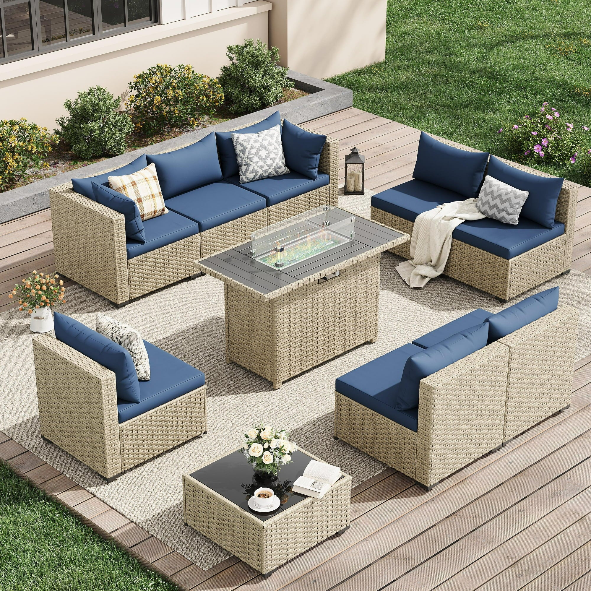 UDPATIO 9 Pieces Outdoor Patio Furniture Set with 44" Fire Pit Table, Outdoor Wicker Patio Conversation Set with Cushions for Backyard, Porch, Garden(Haze Blue)