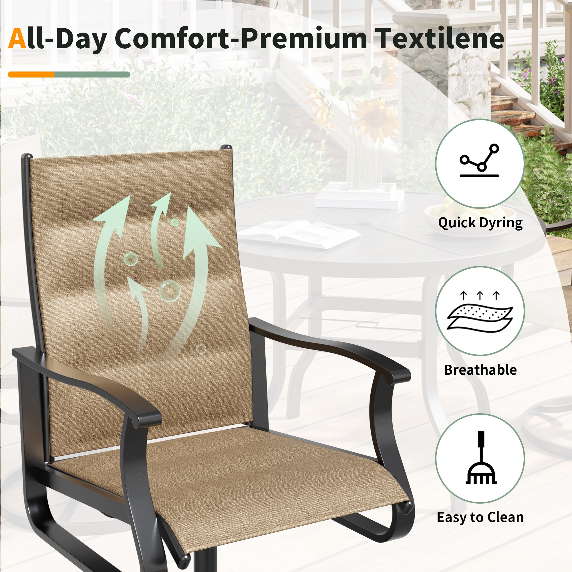 UDPATIO Swivel Patio Chairs Set of 2, Outdoor Swivel Rocker Patio Chairs with High Back, All Weather Textilene & Metal Frame for Backyard, Lawn, Porch, Pooside or Garden, Brown - Padded