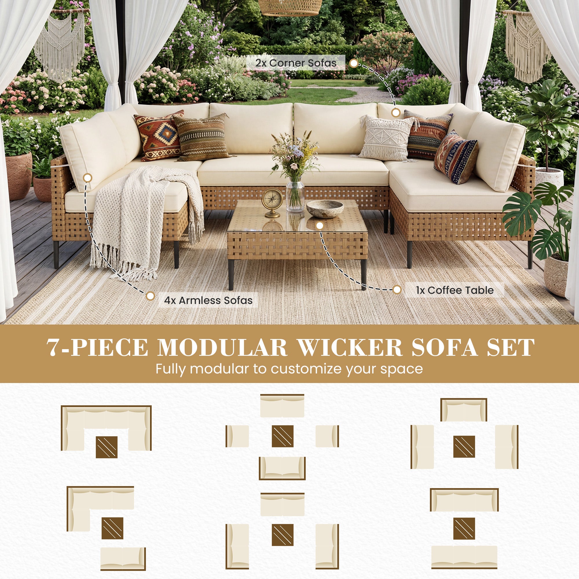 UDPATIO Wicker Patio Furniture Set with Sectional Sofas, All-Weather Cushions and Coffee Table, Bohemian Style and High-Leg Design for Garden, Deck, Poolside (Beige/7 Piece)