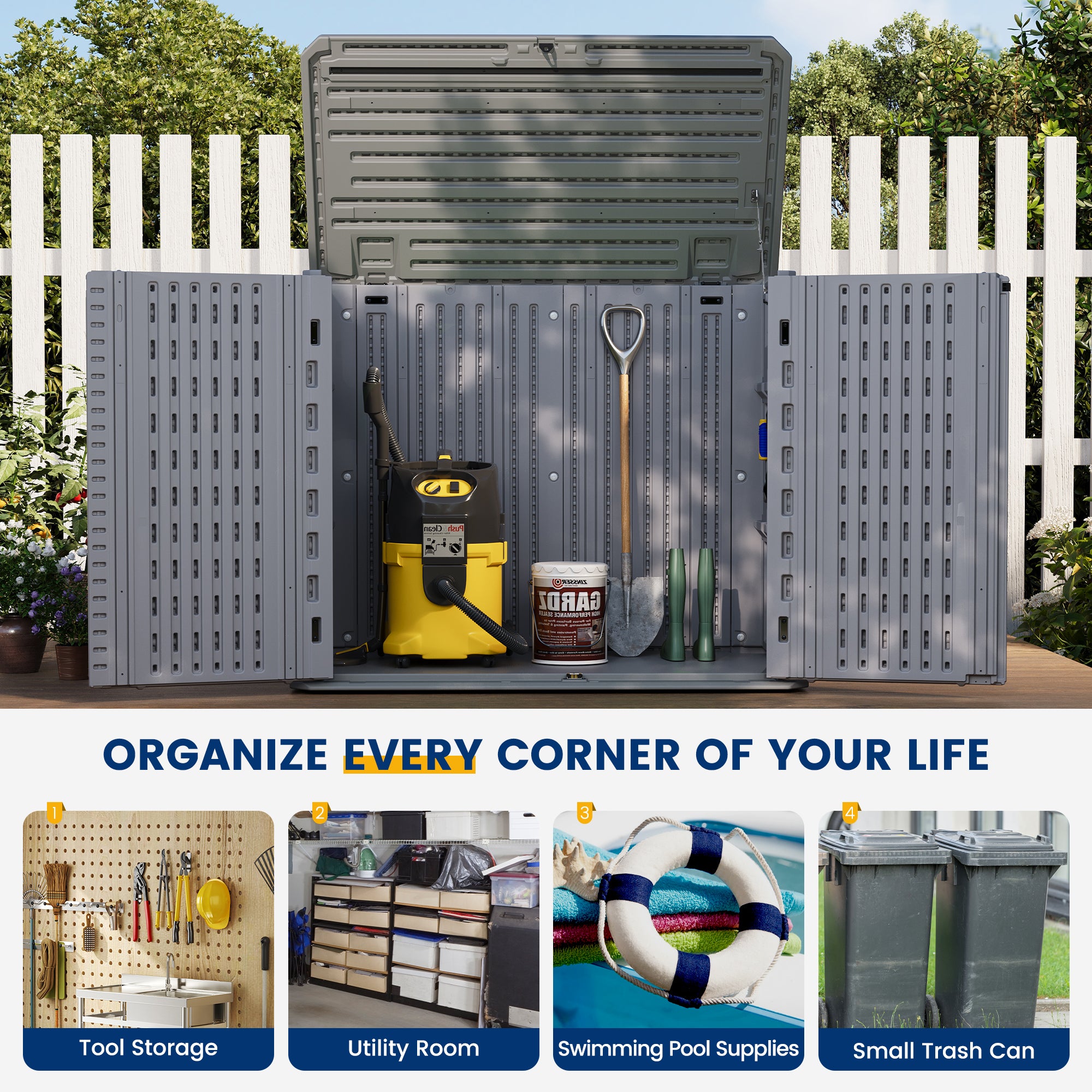 UDPATIO Horizontal Resin Outdoor Storage Shed & Storage Cabinet 34 Cu.Ft, Lockable Waterproof, Outdoor Storage for Generator, Garden Tools, Garage Can, Bike
