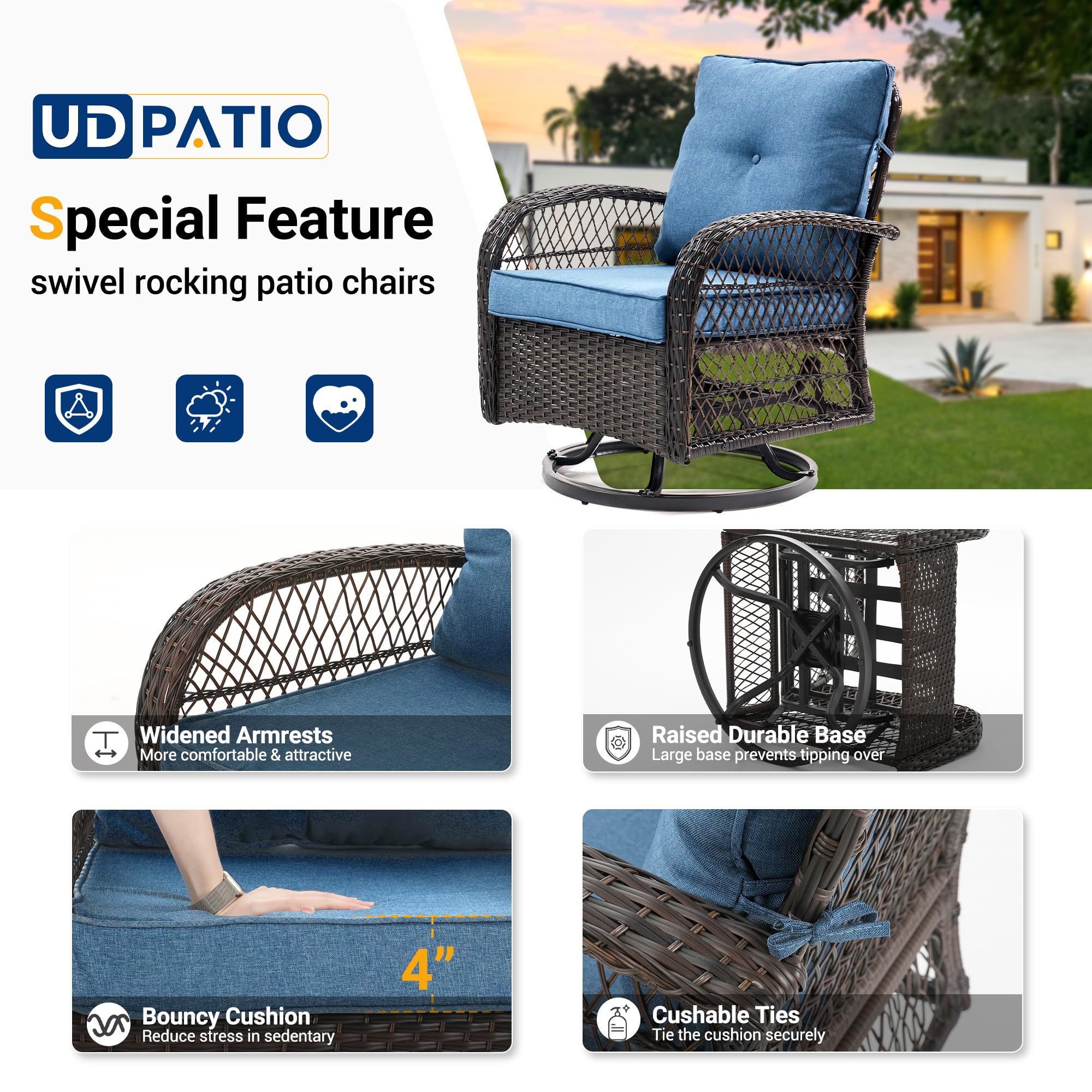UDPATIO 3 Pieces Patio Furniture Set, Outdoor Swivel Rocker Patio Chairs Set of 2, All-Weather PE Wicker Glider Chairs with Thick Cushions and Glass Coffee Table，for Porch Deck Backyard