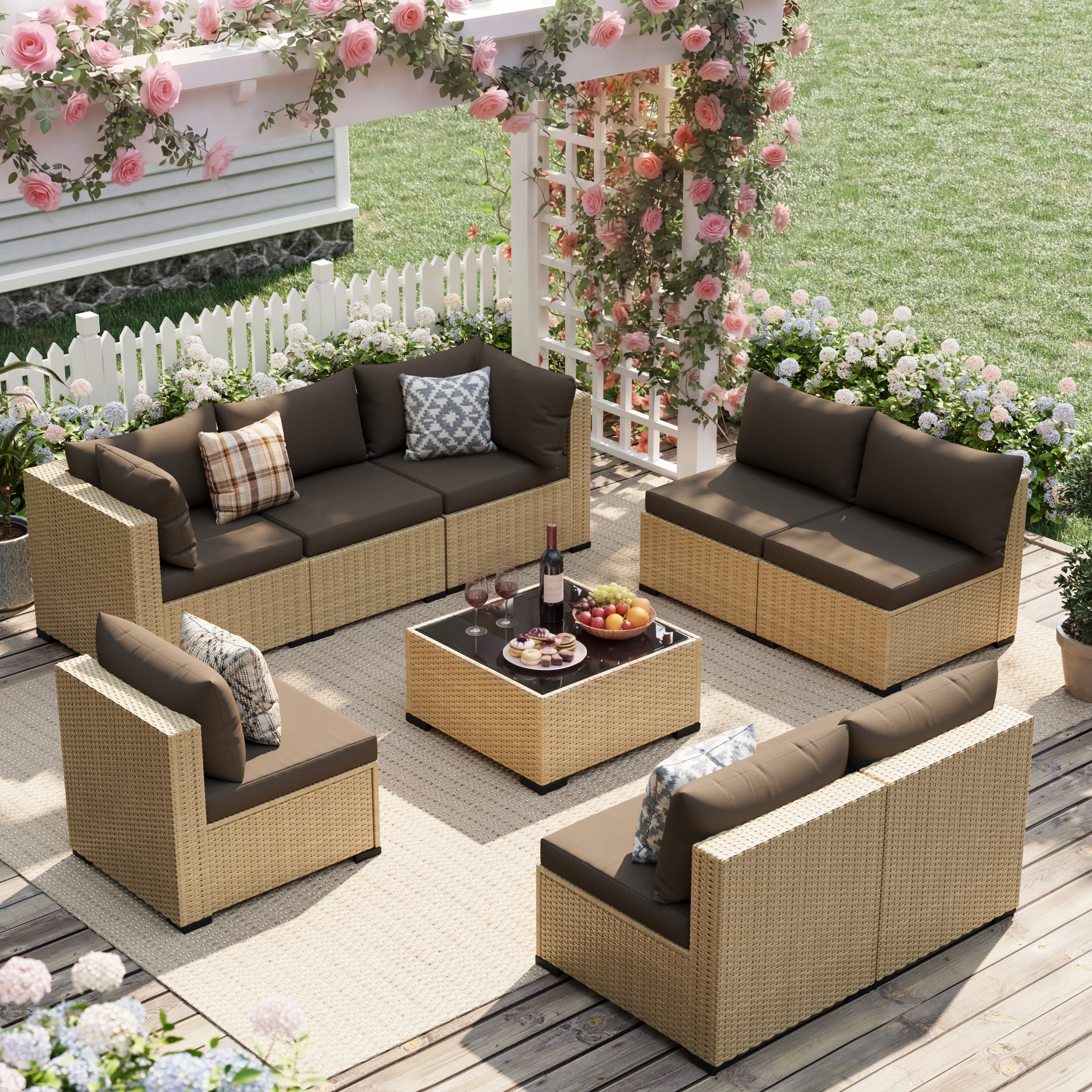 UDPATIO 9-Piece Wicker Modular Sectional Outdoor Conversation Sets with Glass Coffee Table, Yellow&Brown
