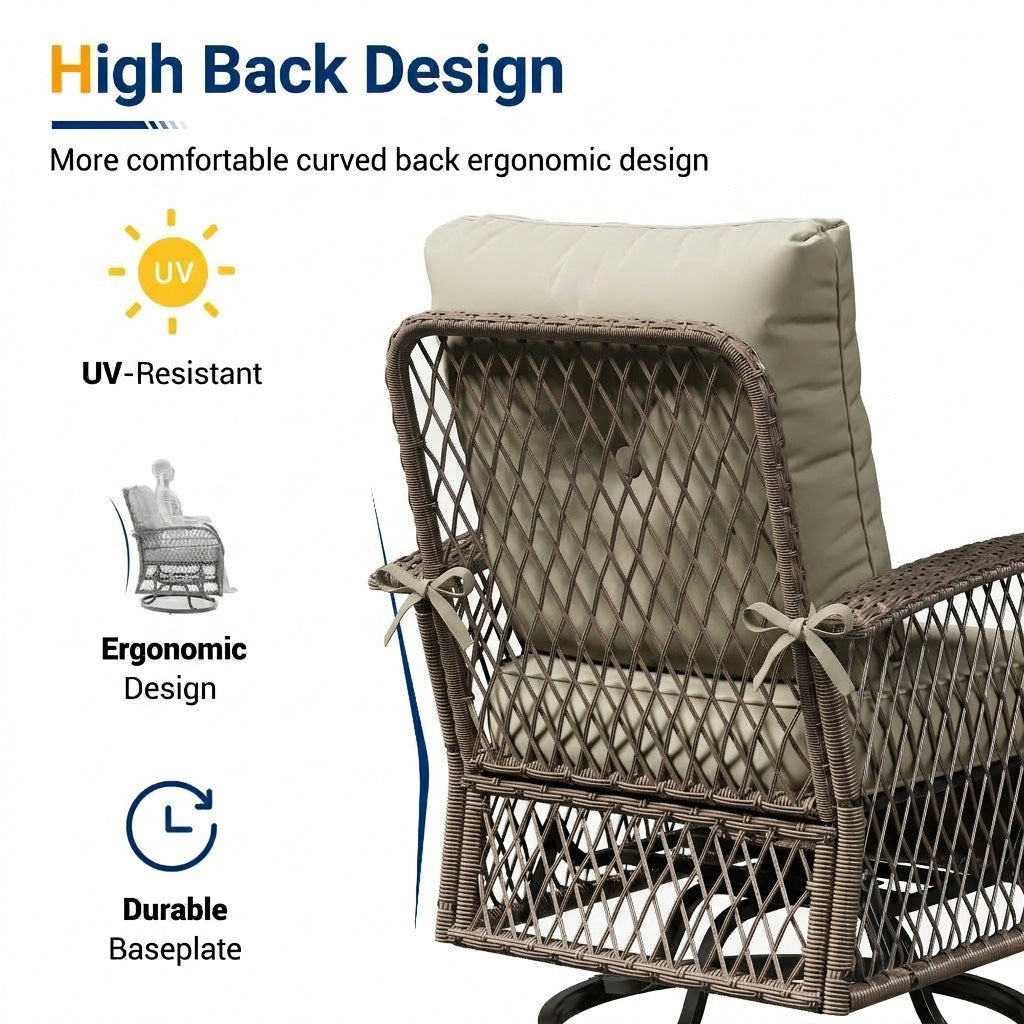 UDAPTIO Swivel Rocker Chair Set 2 with Side Table, 3 Piece Wicker Bistro Set with 4" Water-Resistant Cushions, Outdoor Glider for Front Porch, Patio, Balcony, Beige