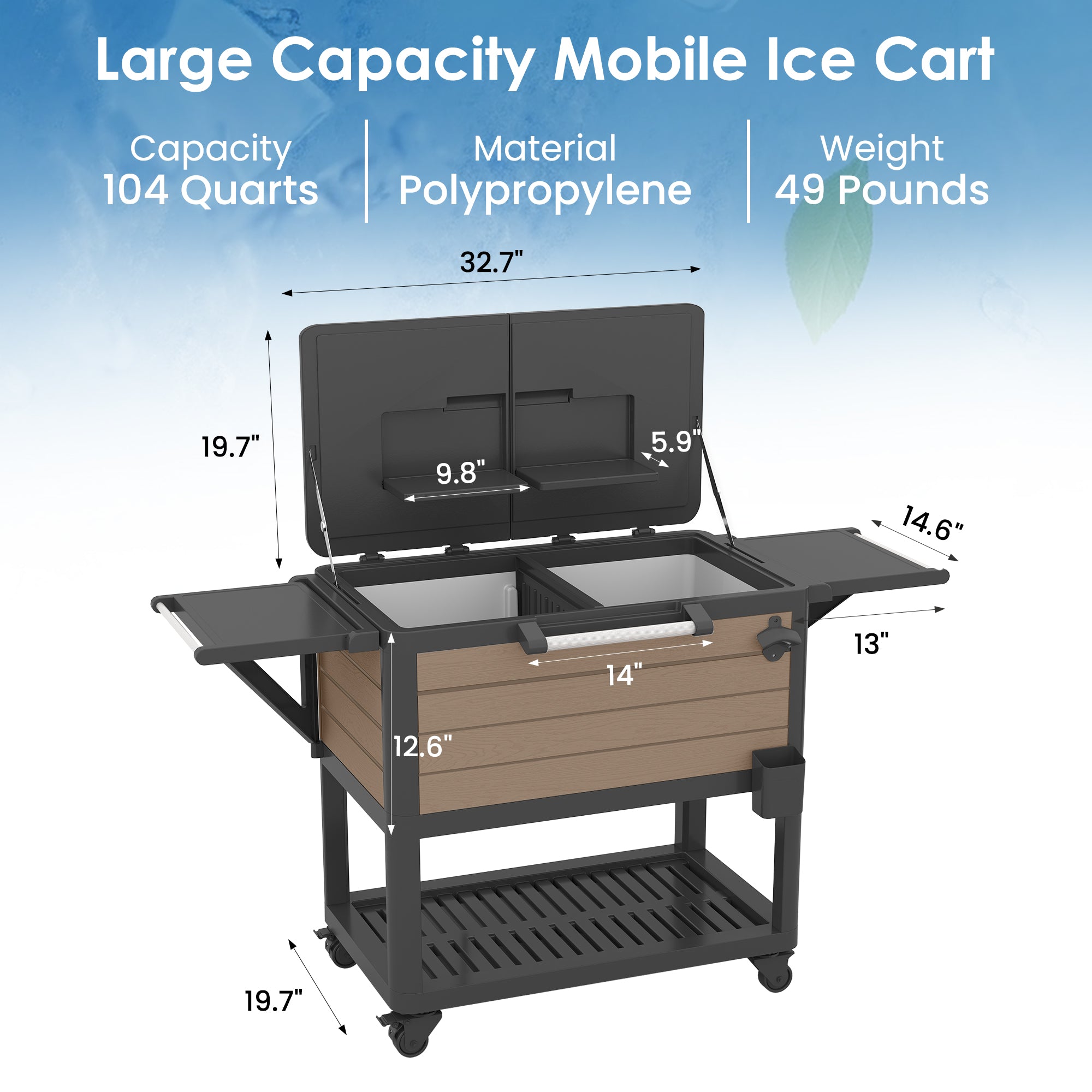 Patio Cooler Cart with Wheels, 104 Qt Portable Rolling Ice Chest, Outdoor Beverage Bar Cart with Handles for Pool, Deck, BBQ, Cookouts Party-Brown