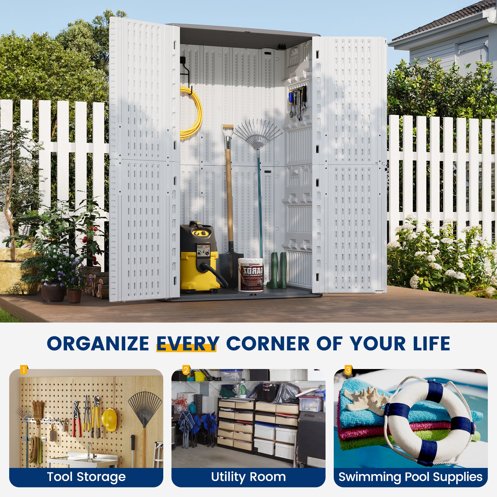 UDPATl0 67 Cu.Ft Outdoor Storage Shed, Vertical Plastic Cabinet Waterproof Sheds with Floor Included for Pool, Backyards, Garden Shed