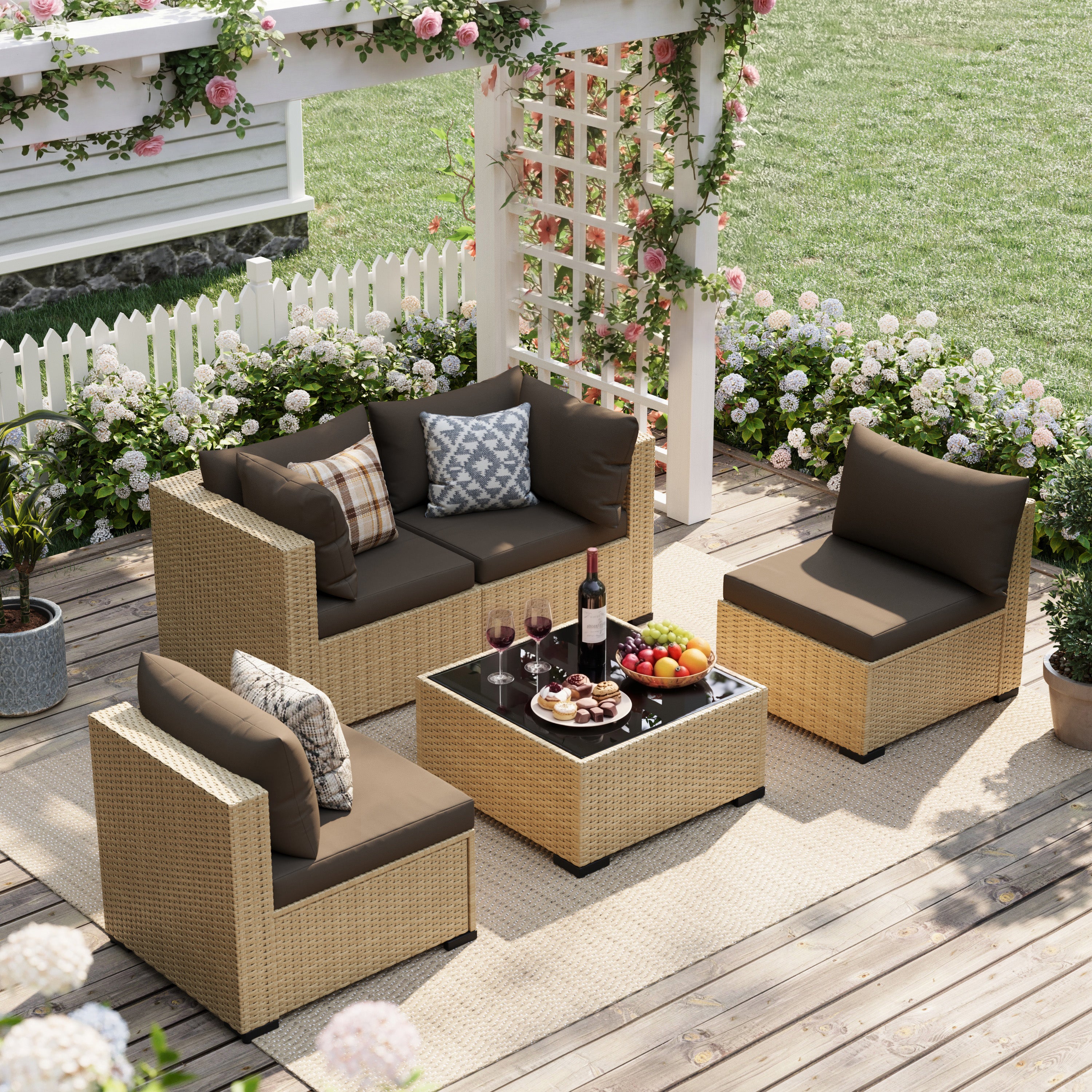 UDPATIO 5-Piece Wicker Modular Sectional Outdoor Conversation Sets with Glass Coffee Table, Yellow&Brown