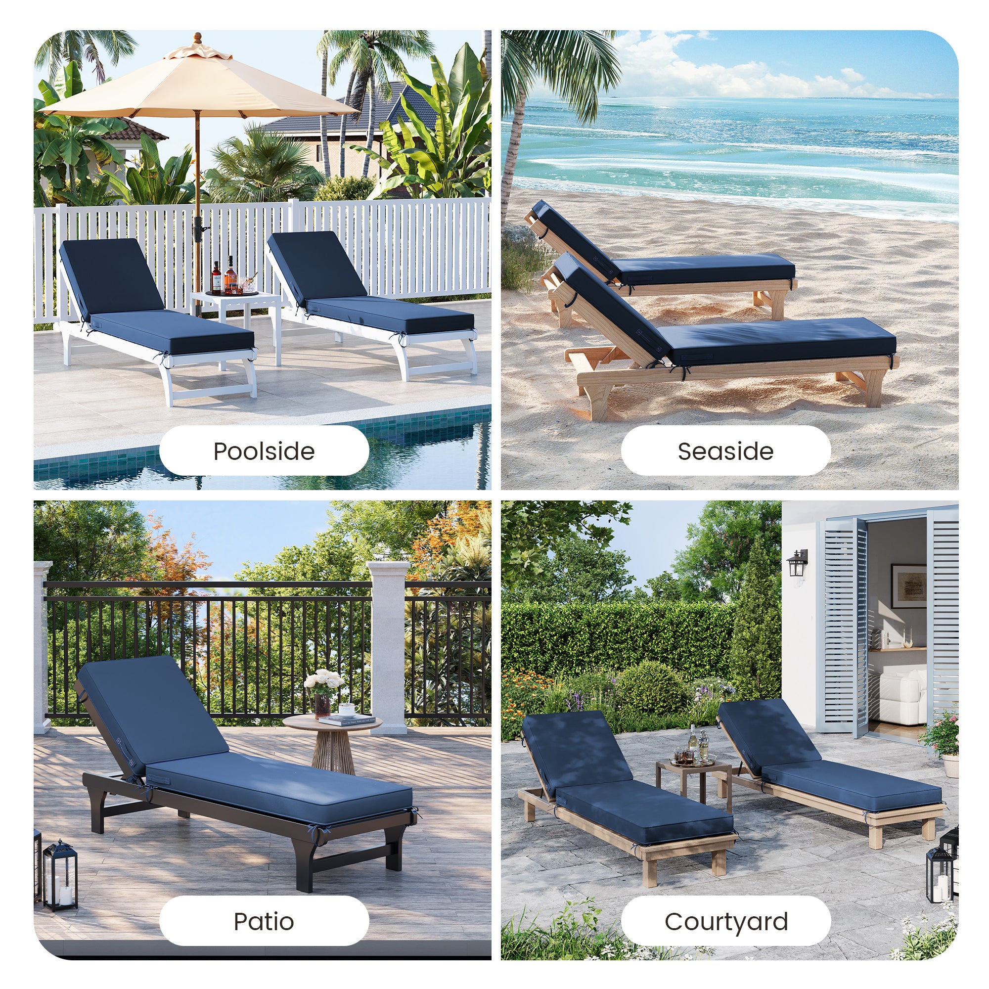 Outdoor Chaise Lounge Cushion Set of 4 , Oversized Thick 4-Inch Foam Cover, Fade-Proof Chair Replacement for Patio, Poolside, Deck Outdoor Furniture - Removable Accessories (Navy,72"x21"x4")
