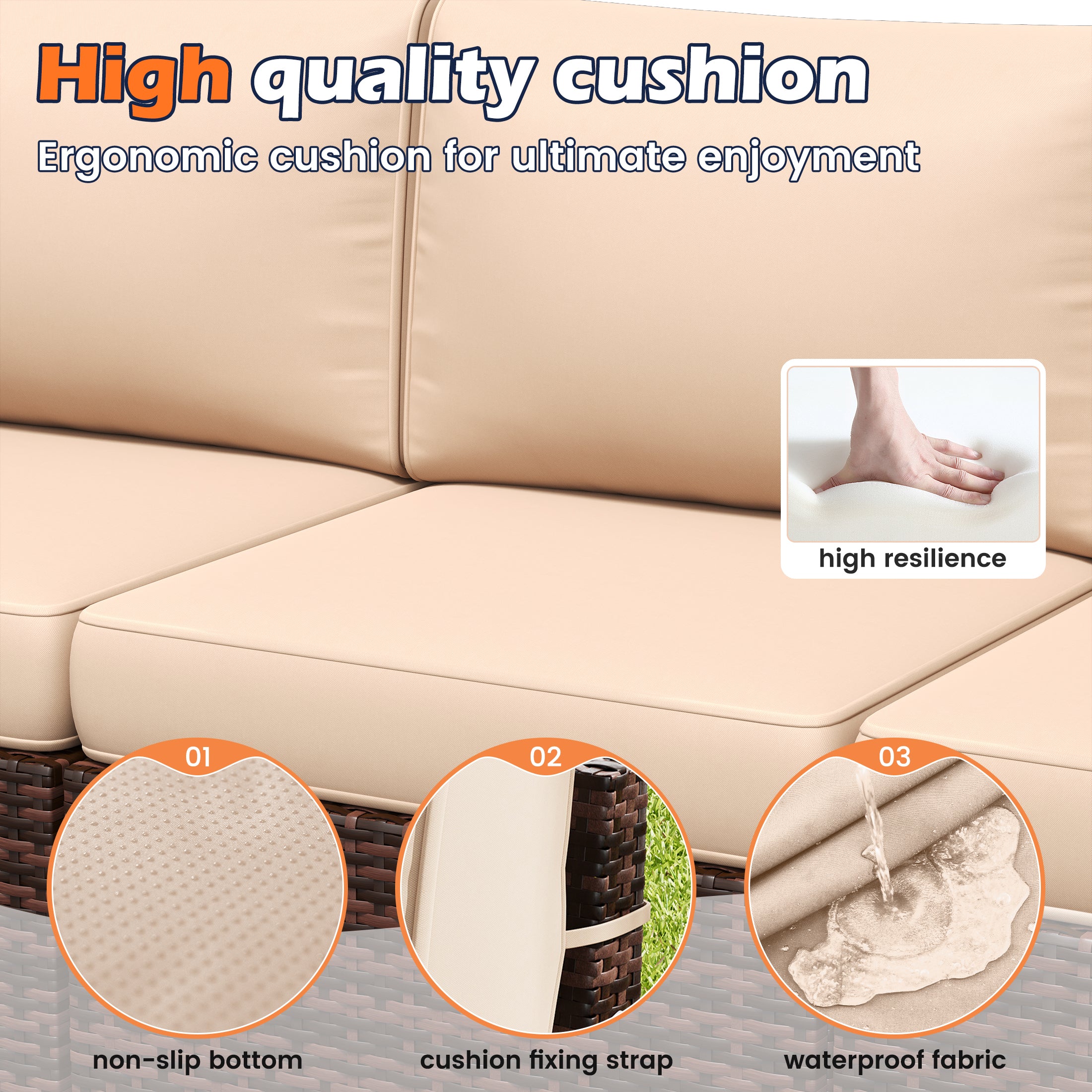 UDPATIO 6-Piece Patio Furniture Set, Outdoor Patio Sofa Set With Wide Armrest, All-Weather Wicker Rattan Guest Set With Cushion And Glass Table And Waterproof Cover, Brown & Khaki