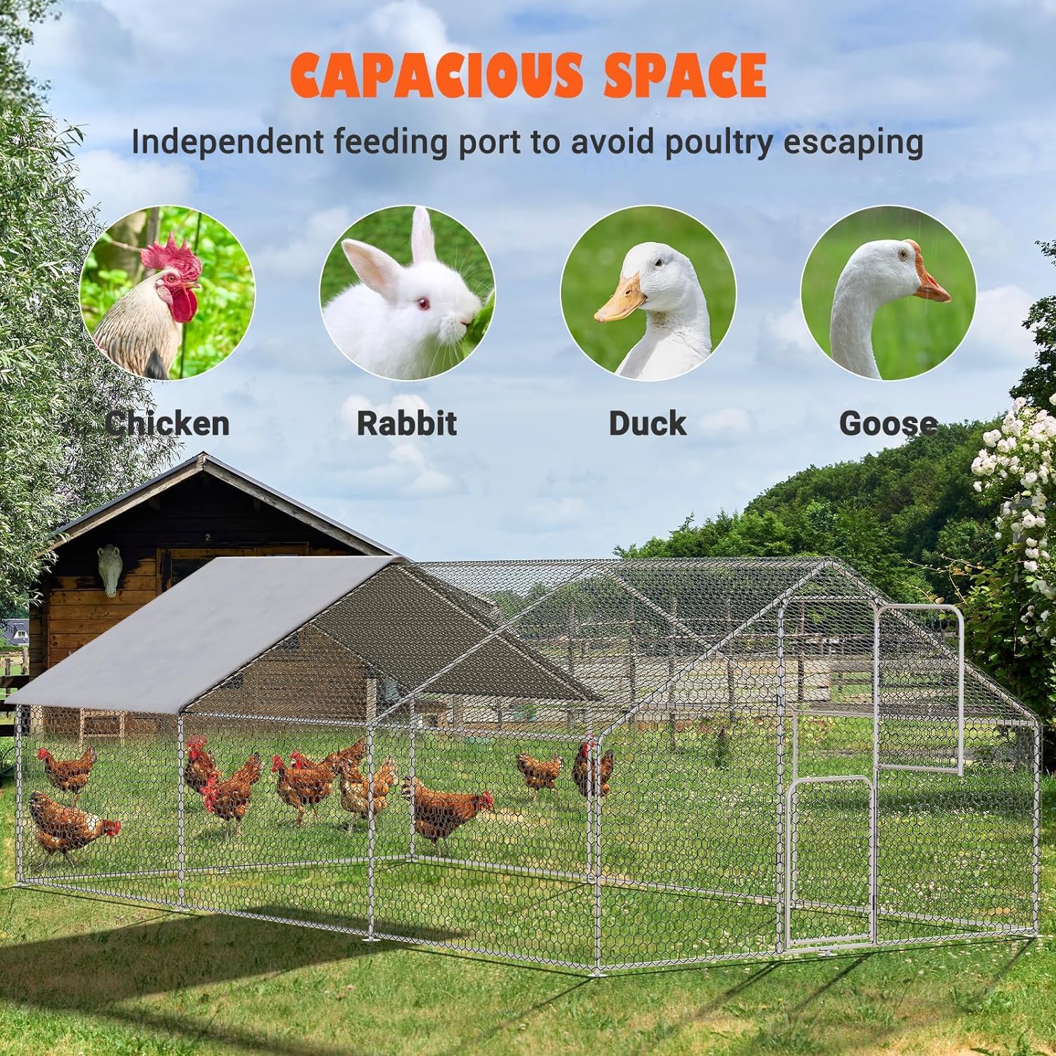 UDPATIO Extra Large Metal Chicken Run with Waterproof & Anti-Ultraviolet Cover, Hen Pen Walk-in Chicken Coops for Yards Dog Kennel Duck House Poultry Cage for Duck Rabbit Goat(18x10x6 FT)