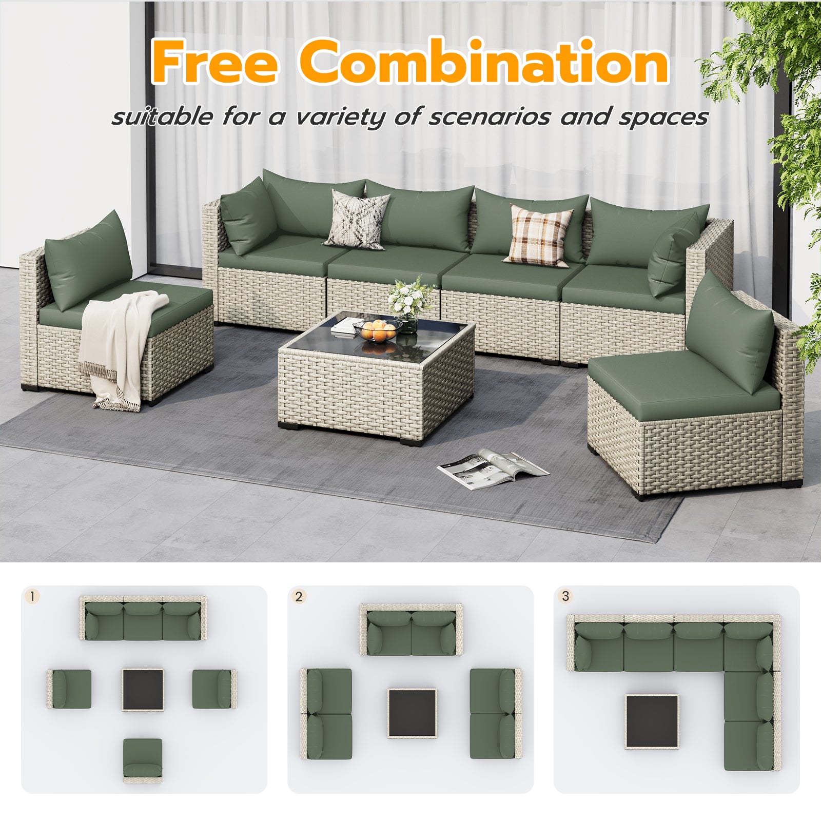 UDPATIO Outdoor Patio Furniture Set, 7 Pcs PE Wicker Sectional Sofa with Tea Table, Outdoor Conversation Set for Patio, Garden, Backyard (Green Cushions with Light Grey Rattan)