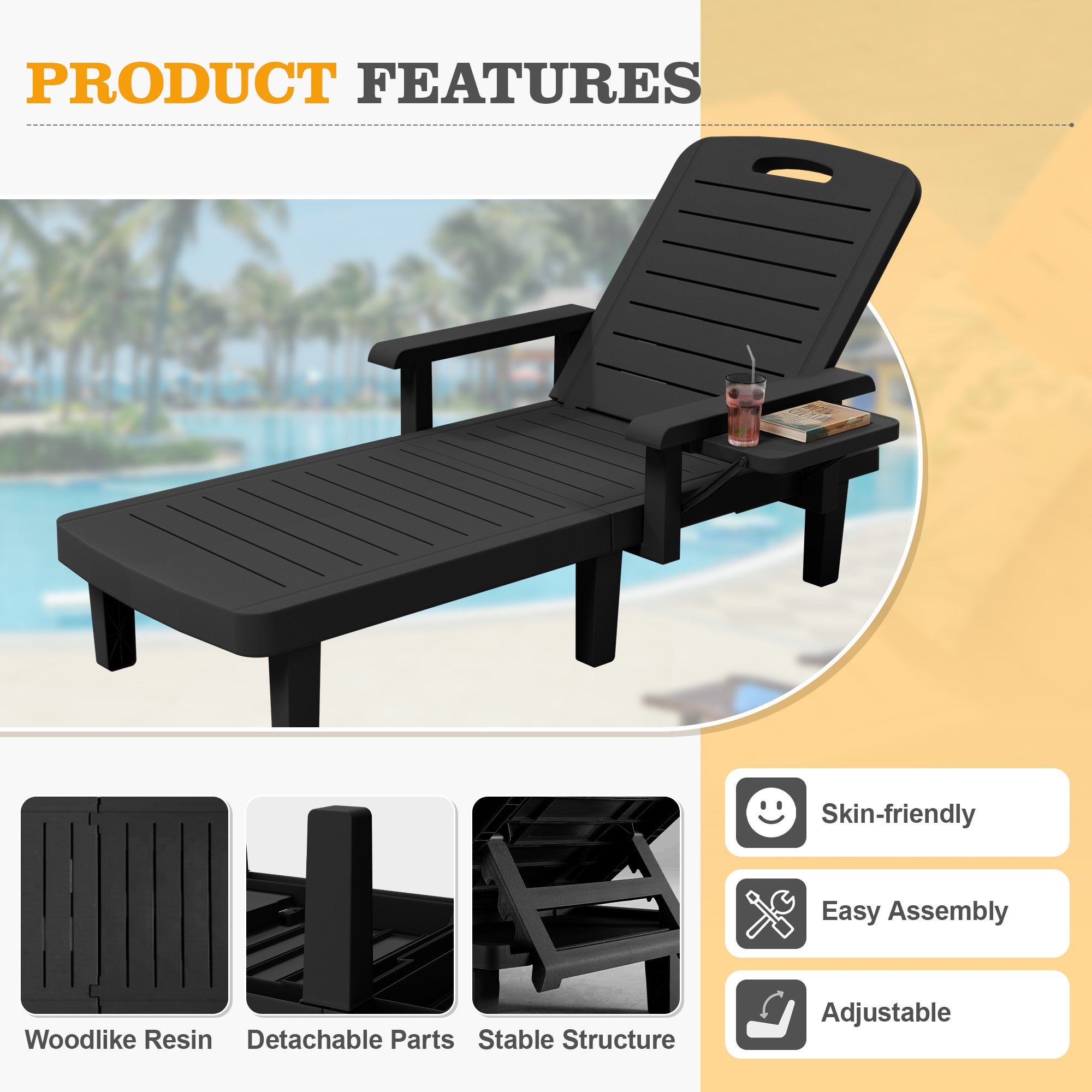 UDPATIO Oversized Pool Lounge Chairs Set of 2, Waterproof Resin Pool Chaise Lounges with Armrests and Cup Holder Tray, 5 Level Adjustable Backrest, for Poolsode, Lawn, Beach, Backyard