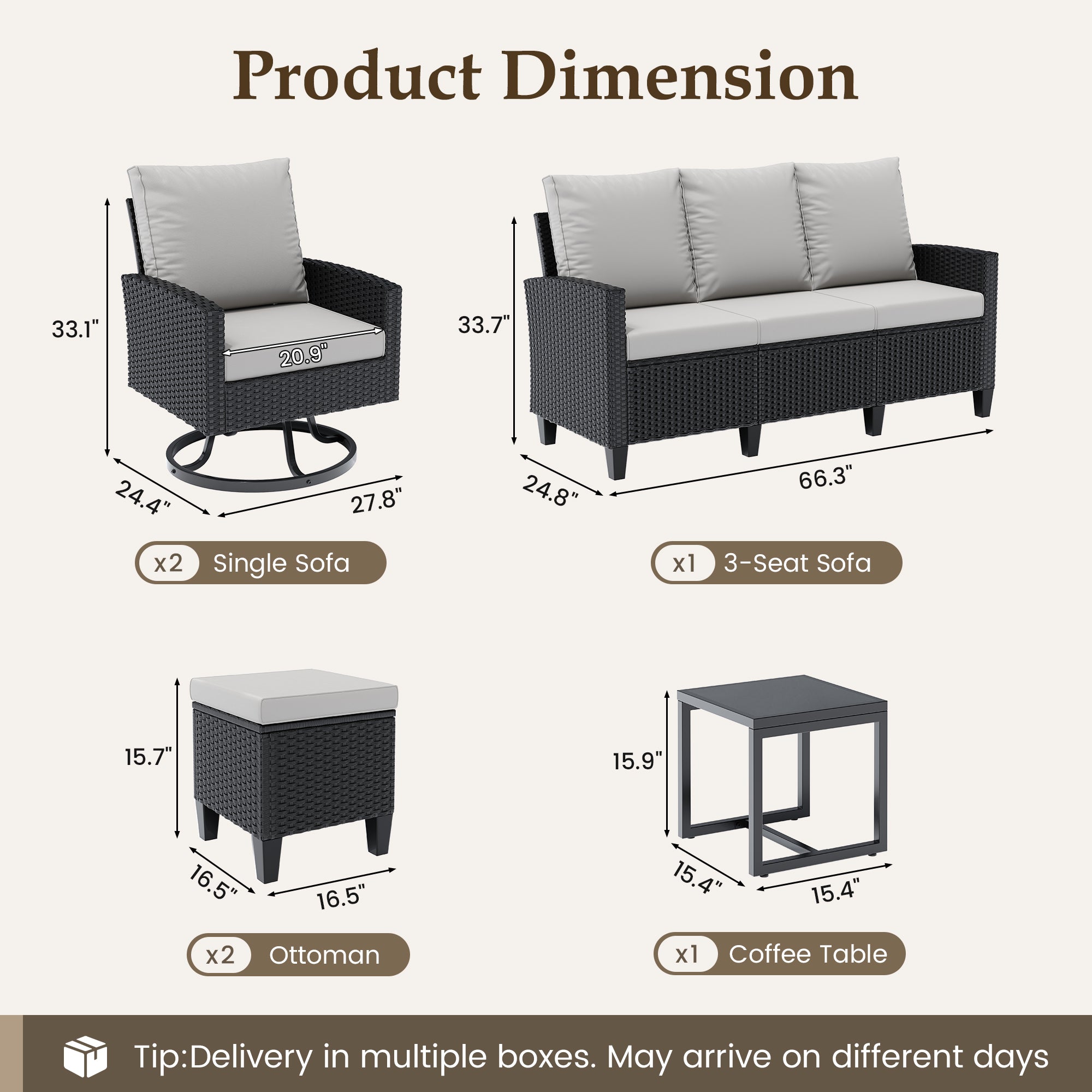 UDPATIO Patio Furniture Set, 6 Pieces Outdoor Conversation Sets with Swivel Chairs, All-Weather Wicker Rattan Patio Sofa with Ottomans and Glass Side Table for Backyard, Deck, Porch, Grey/Black