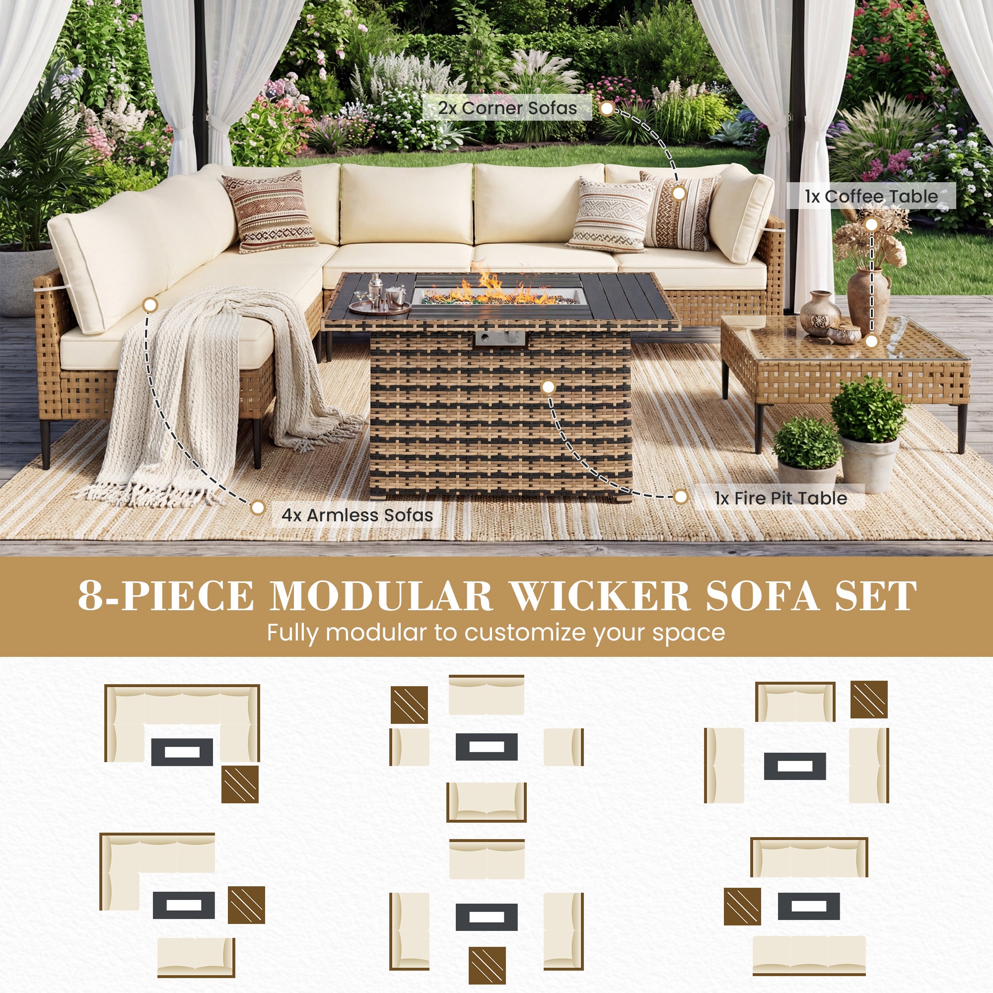 UDPATIO Wicker Patio Furniture Set with Sectional Sofas, All-Weather Cushions and Fire Pit Table, Bohemian Style and High-Leg Design for Garden, Deck, Poolside (Beige/8 Piece)