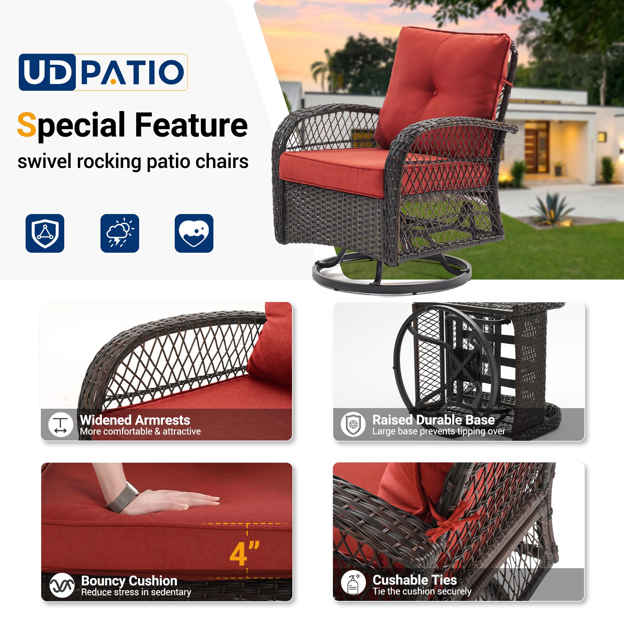 UDPATIO 3 Pieces Patio Furniture Set, Outdoor Swivel Rocker Patio Chairs Set of 2, All-Weather PE Wicker Glider Chairs with Thick Cushions and Glass Coffee Table，for Porch Deck Backyard