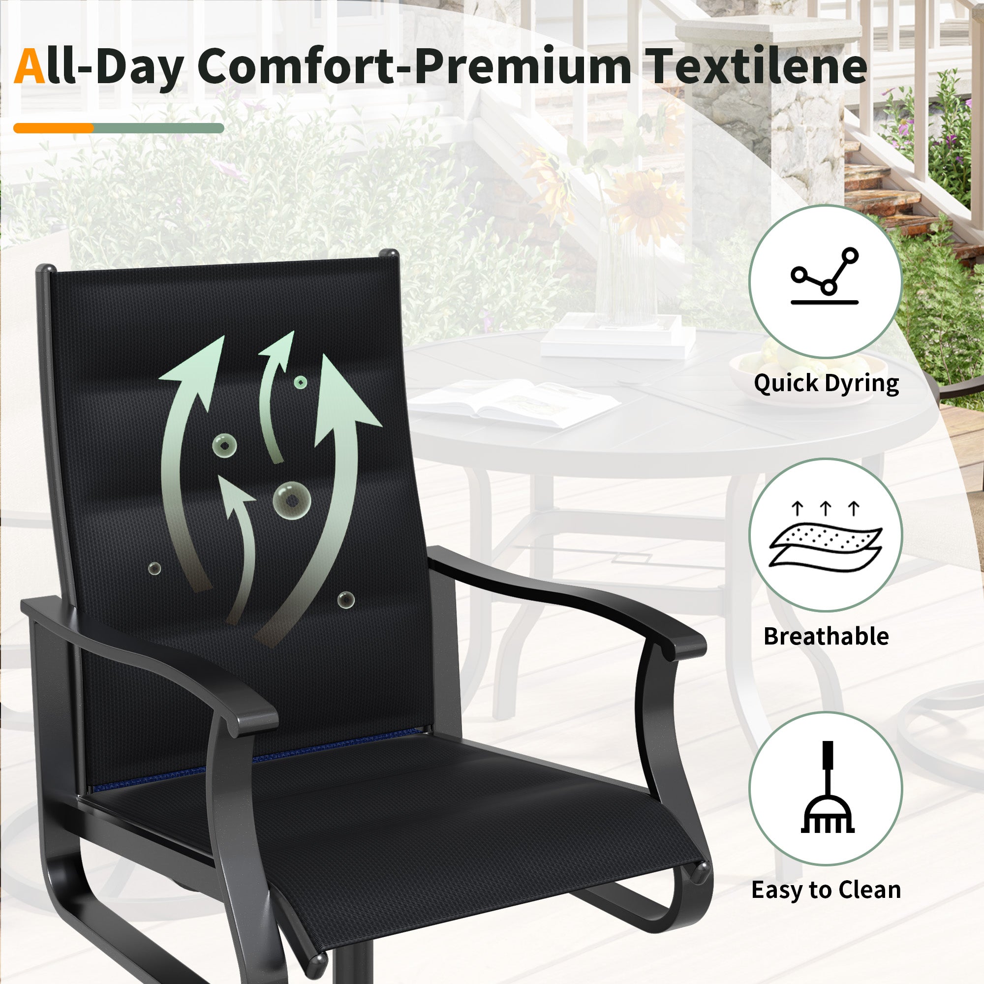UDPATIO Swivel Patio Chairs Set of 6, Outdoor Swivel Rocker Patio Chairs with High Back, All Weather Textilene & Metal Frame for Backyard, Lawn, Porch, Pooside or Garden, Black - Padded