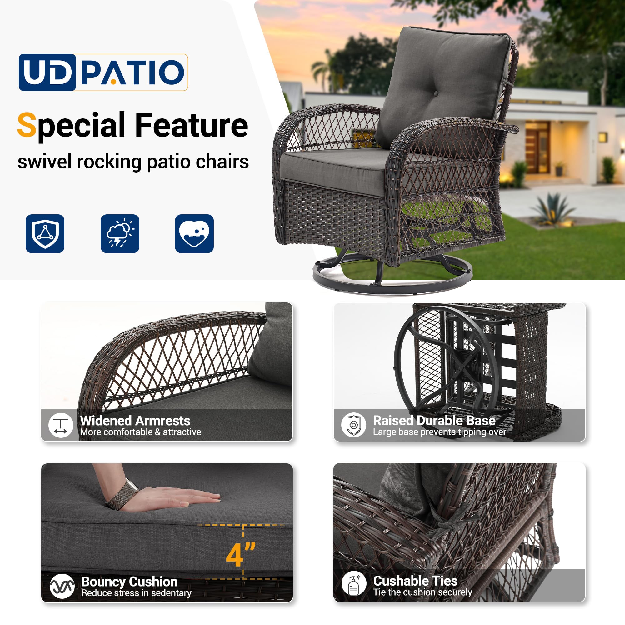 UDPATIO 3 Pieces Patio Furniture Set, Outdoor Swivel Rocker Patio Chairs Set of 2, All-Weather PE Wicker Glider Chairs with Thick Cushions and Glass Coffee Table，for Porch Deck Backyard
