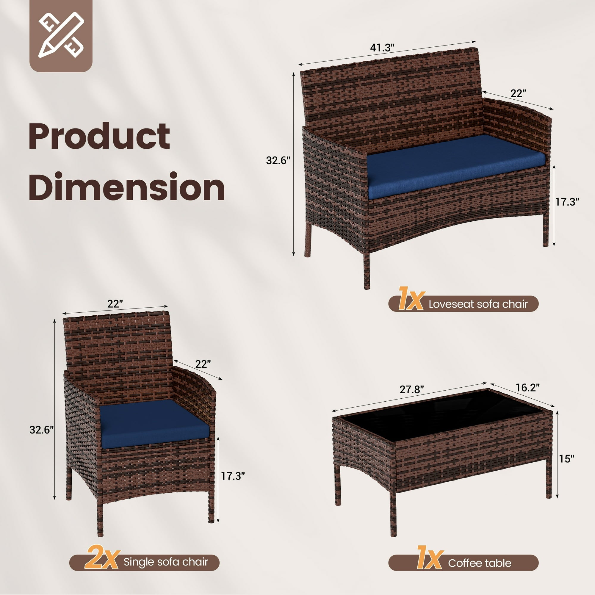 UDPATIO 4 Pieces Outdoor Patio Furniture,Sectional Conversation Sets,Brown PE Rattan Patio Chairs with Table and Loveseat for Balcony, Porch, Backyard,（Navy Blue Cushion）