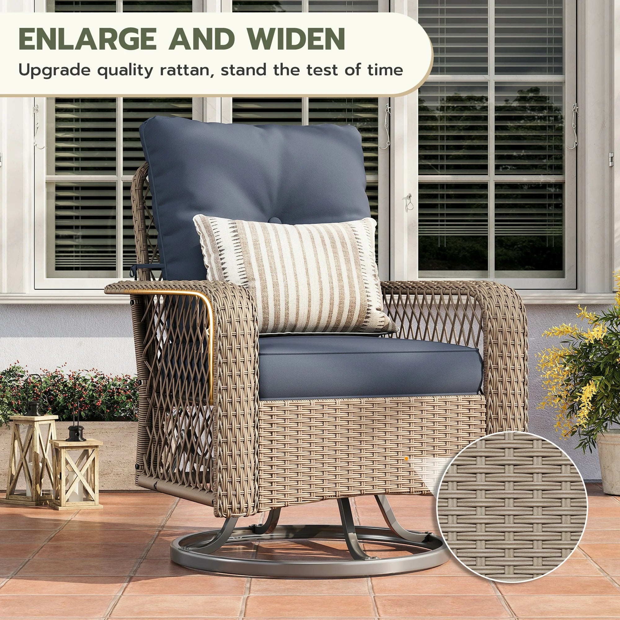 UDPATIO 3 Pieces Patio Furniture Set, Outdoor Swivel Gliders Rocker, Wicker Patio Bistro Set with Rattan Rocking Chair, Glass Top Side Table and Thickened Cushions for Porch Deck Backyard (Blue)
