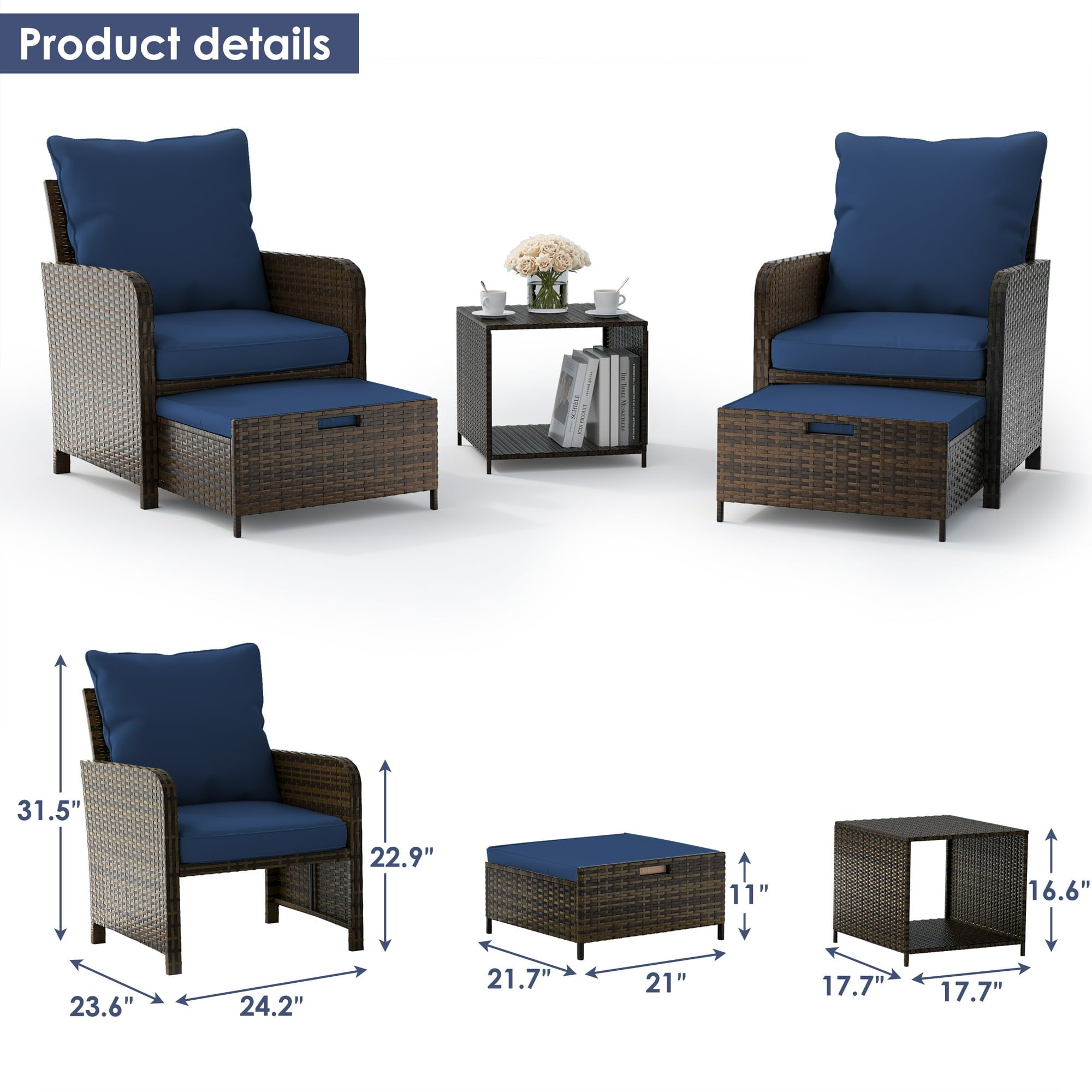 UDPATIO Balcony Furniture 5 Piece Patio Furniture Set, Outdoor Patio Chair , Navy