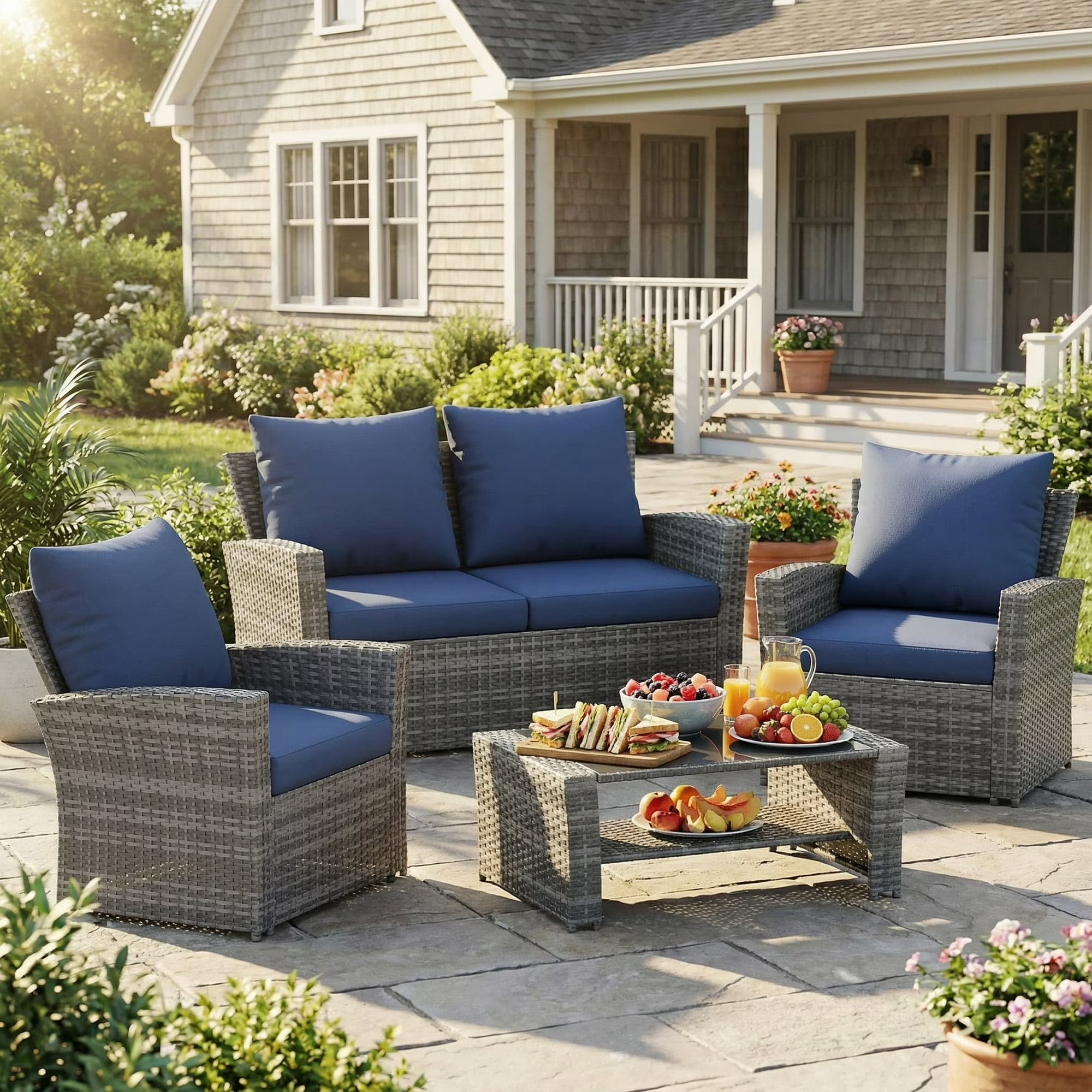 UDPATIO Wicker Patio Furniture Set, 4 Piece Outdoor Sectional Conversation Sets, Gray PE Rattan Patio Sofa Set for Balcony, Porch, Backyard,