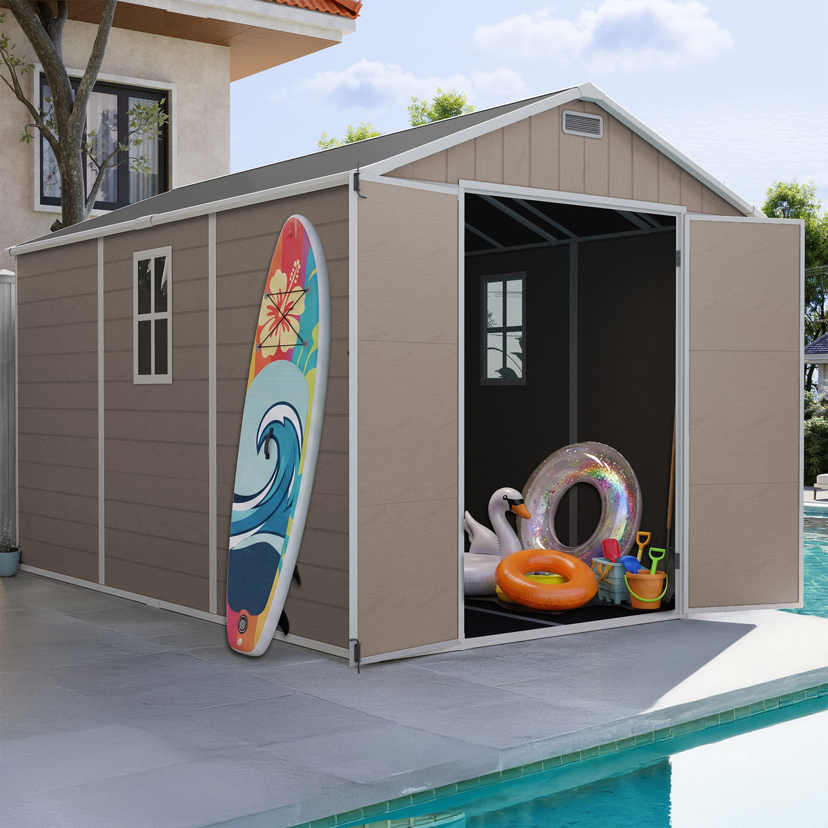 UDPATIO Resin Storage Shed 7.5x12FT, Outdoor Plastic Garden Shed, Brown