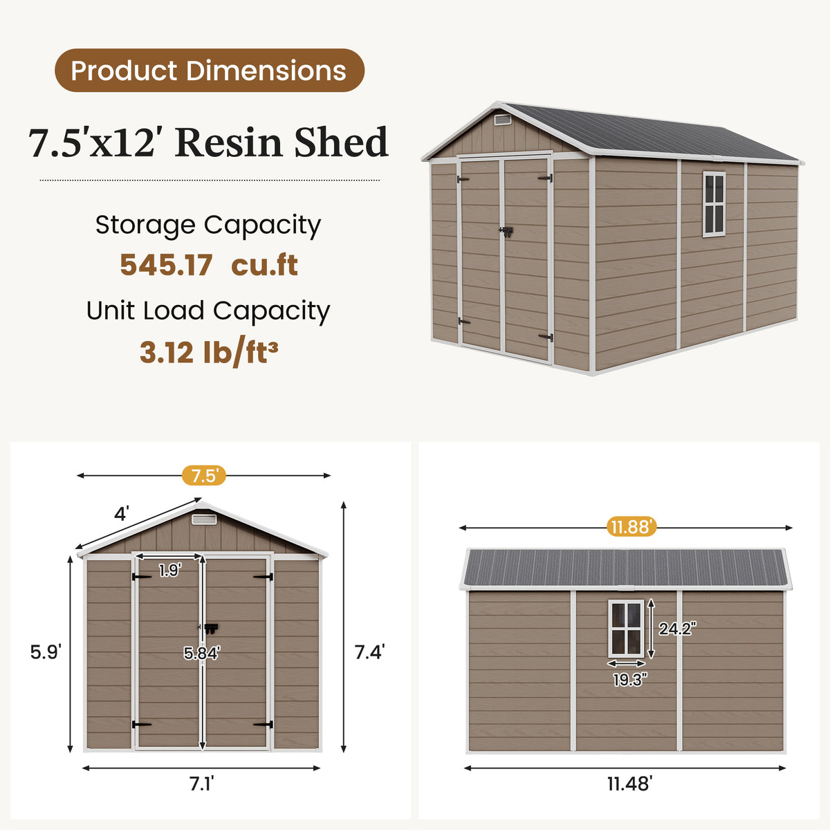 UDPATIO Resin Storage Shed 7.5x12FT, Outdoor Plastic Garden Shed, Brown