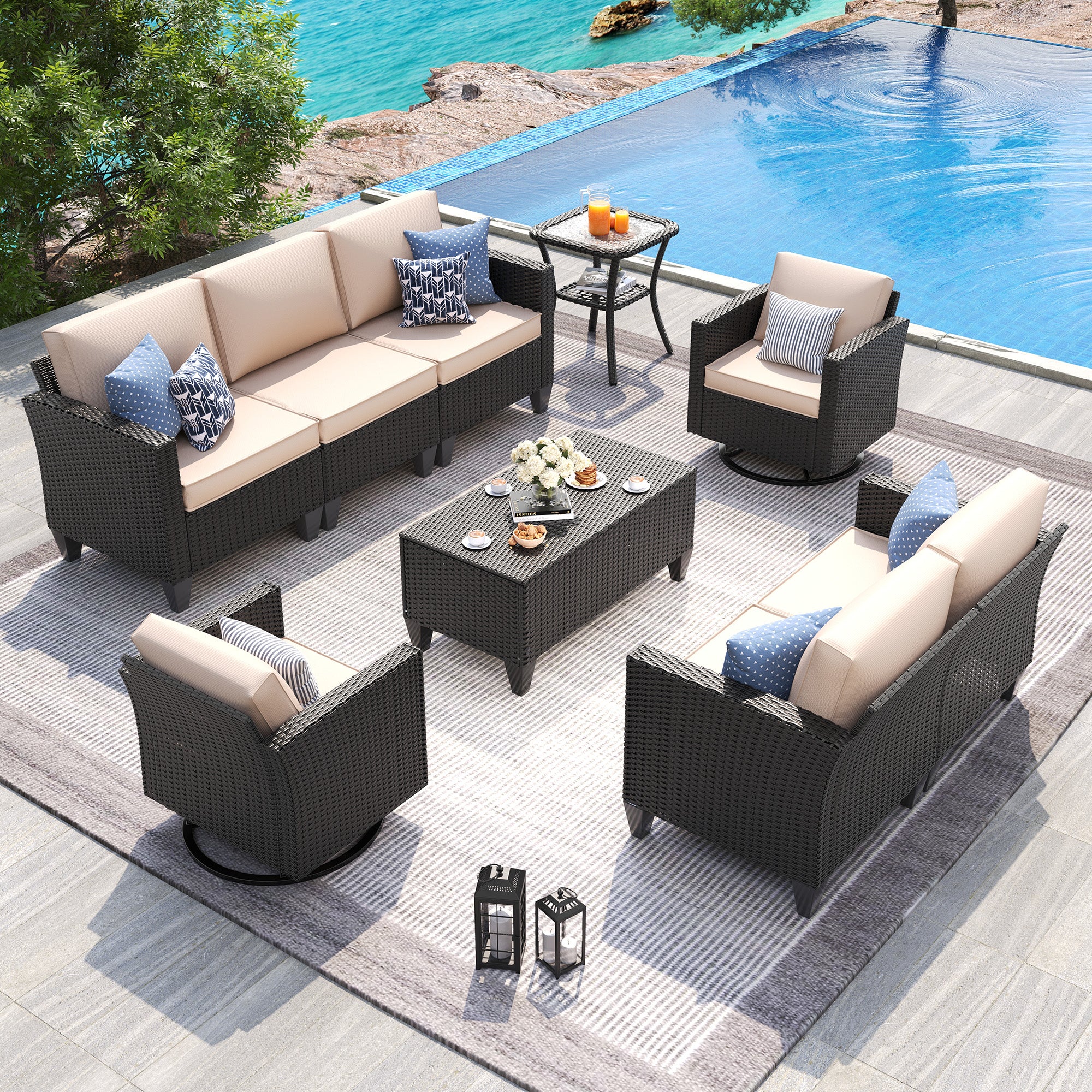 UDPATIO Patio Furniture Set, 6 Pieces Outdoor Furniture Sets with Rocking Swivel Chairs, Wicker Rattan Outdoor Conversation Set with Storage Table and Waterproof Covers for Backyard, Deck, Porch, Khak