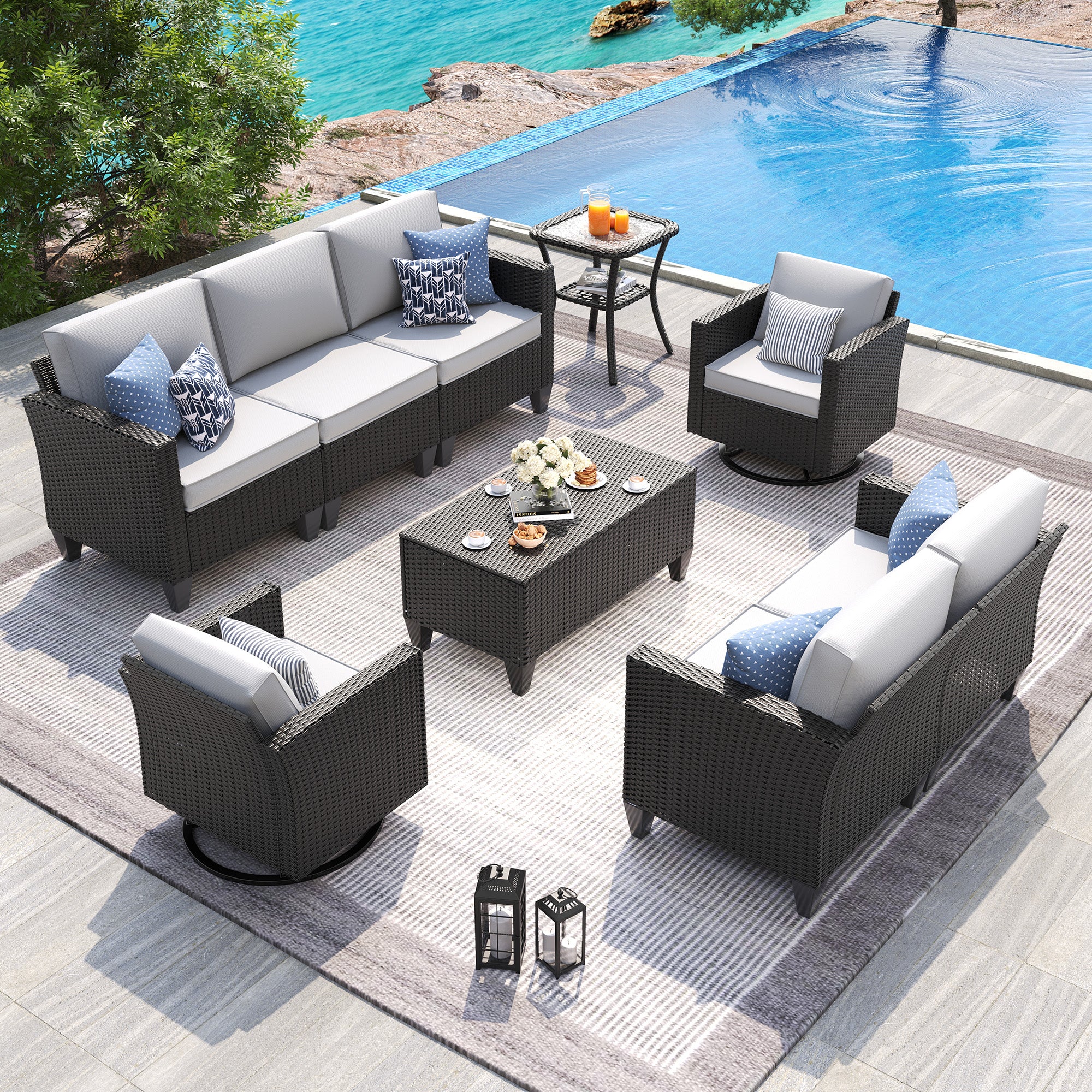 UDPATIO Patio Furniture Set, 6 Pieces Outdoor Furniture Sets with Rocking Swivel Chairs, Wicker Rattan Outdoor Conversation Set with Storage Table and Waterproof Covers for Backyard, Light Grey