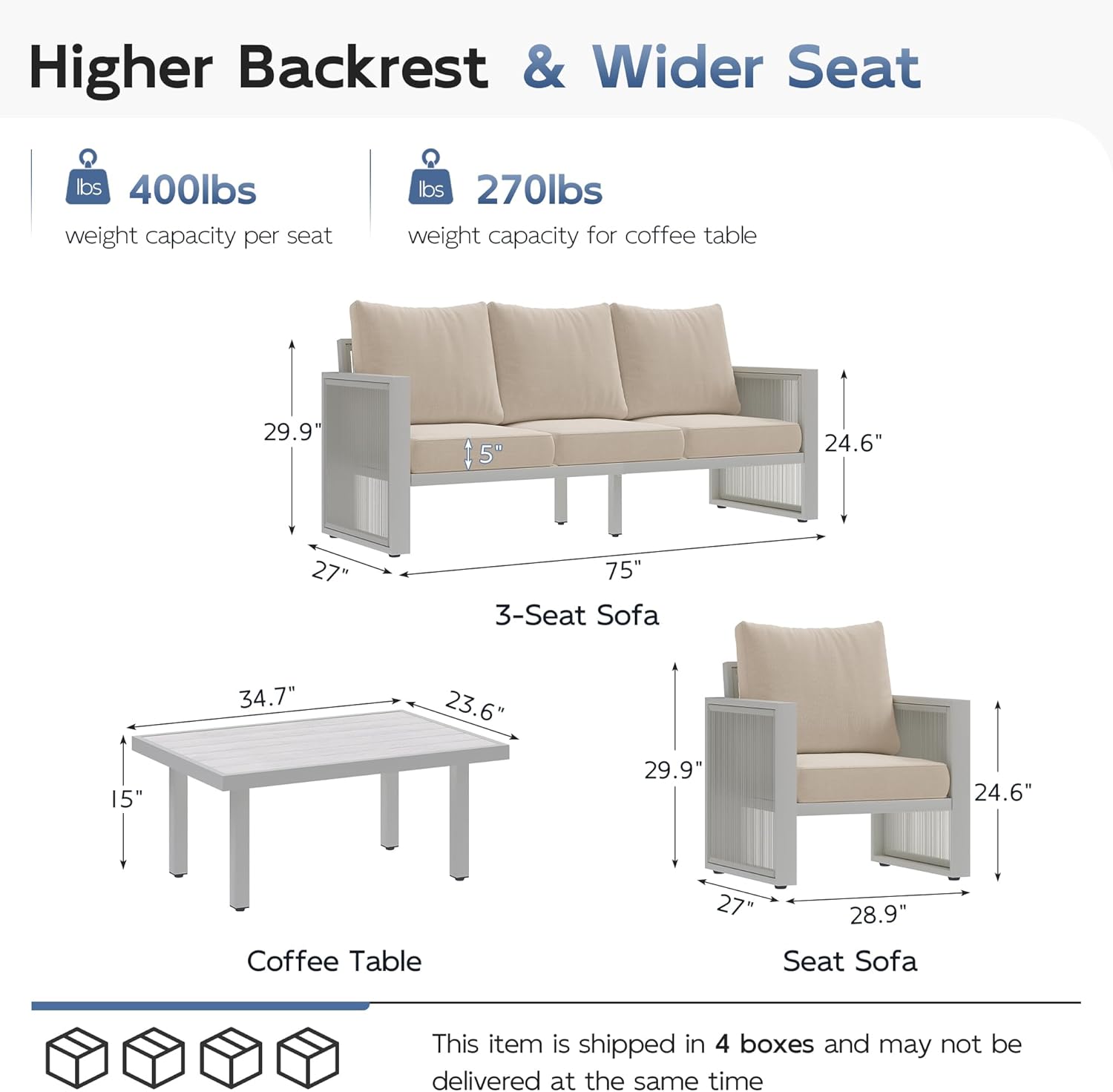 UDPATIO Aluminum Outdoor Patio Furniture Set with Coffee Table, 4 Piece Modern Patio Furniture Set, Patio Conversation Sets with Thickend Cushions and PE Rope, for Porch, Balcony, Light Grey/Beige