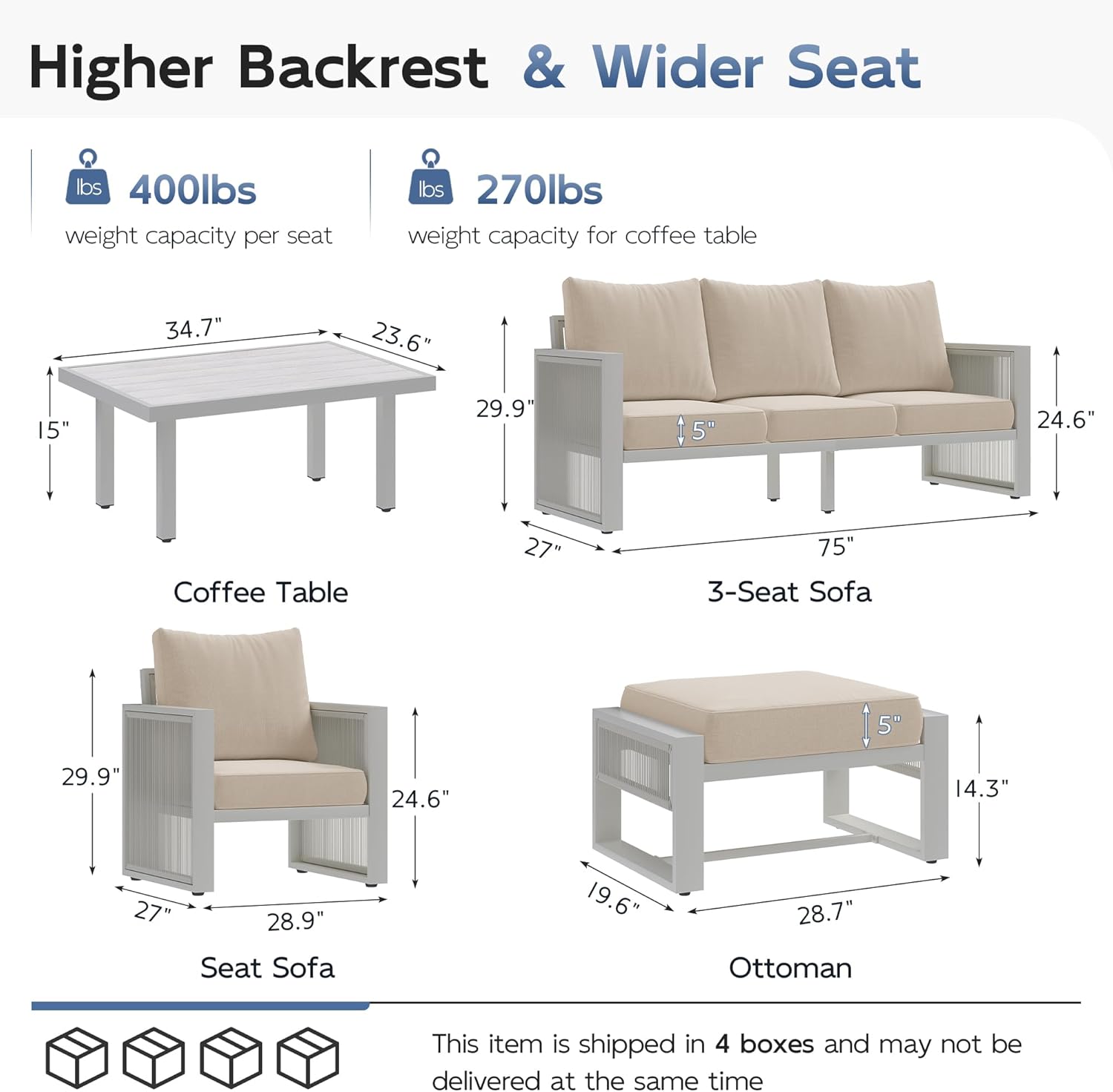 UDPATIO Aluminum Outdoor Patio Furniture Set with Coffee Table, 6-Piece Modern Patio Sectional Furniture Set, PE Rope Patiio Conversation Set, for Porch/Backyard/Deck, Light Grey/Beige