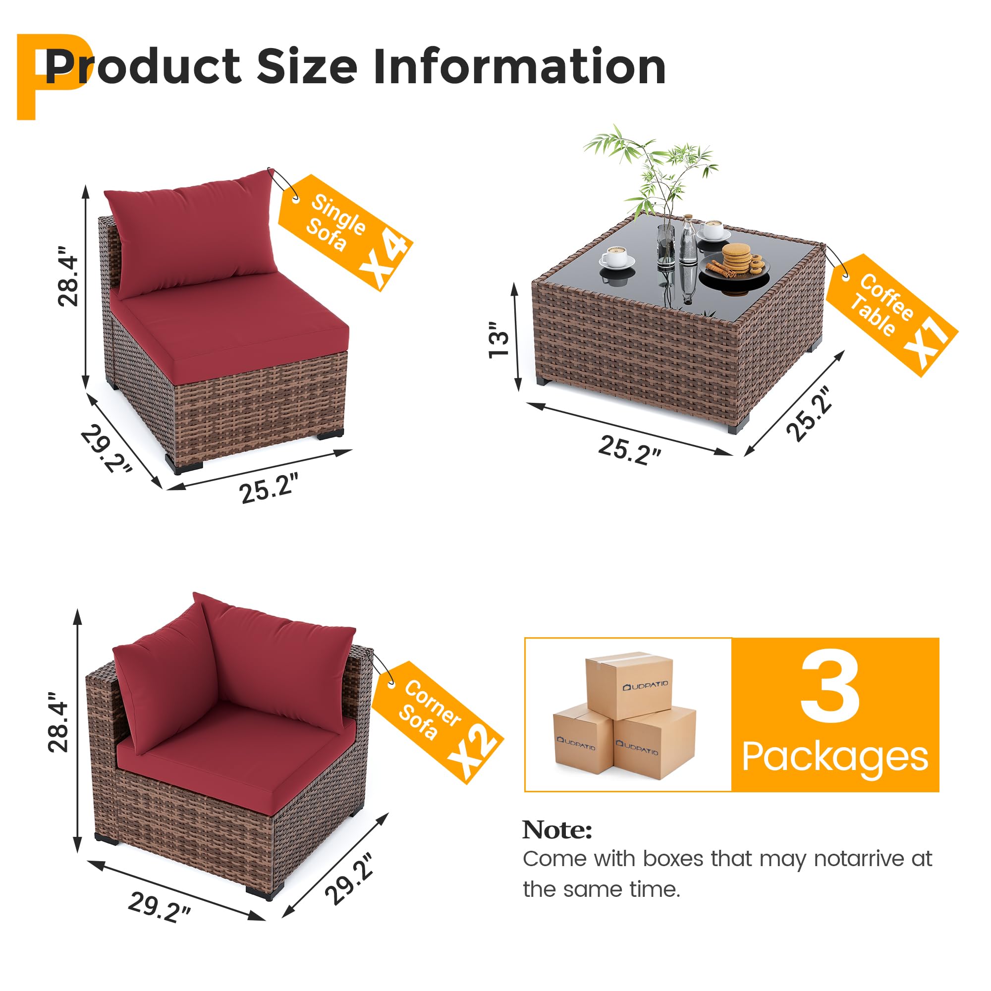 UDPATIO Patio Furniture Set, 7 Piece Outdoor Sectional Sofas with Wicker Coffee Table, Outdoor Patio Conversation Set for Garden, Backyard Wine