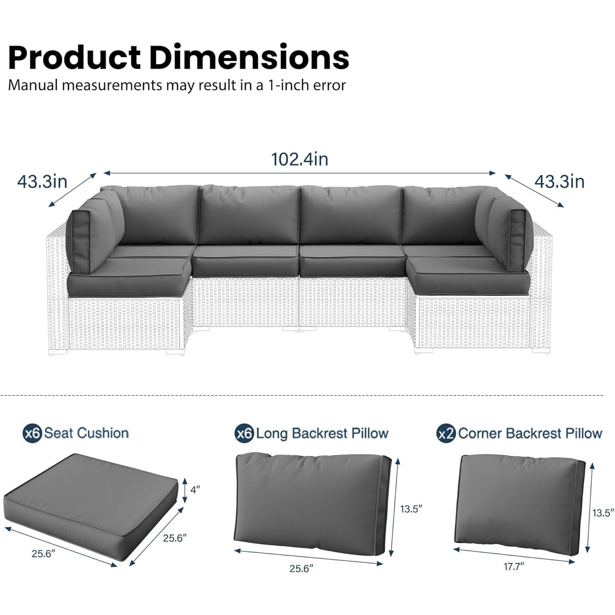 UDPATIO Outdoor Replacement Cushions for Patio Furniture, Waterproof Patio Cushions for 6-Seat Sectional Patio Conversation Sets, 14-Piece Outdoor Cushion Slipcovers Patio Sofa Cushions (Dark Blue)