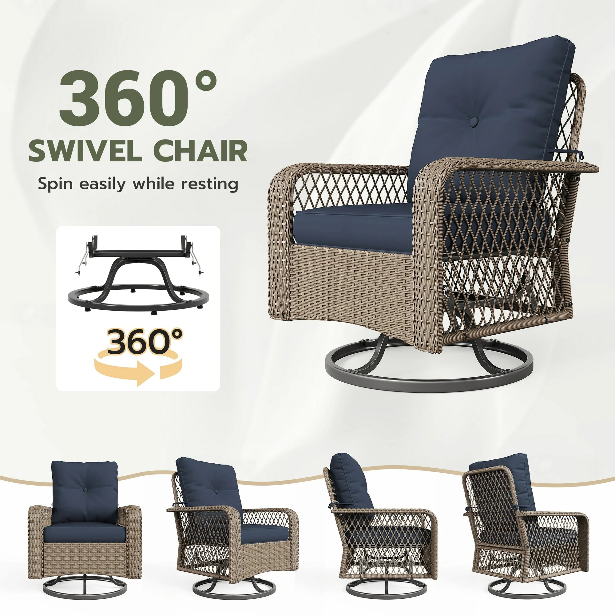 UDPATIO 3 Pieces Patio Furniture Set, Outdoor Swivel Gliders Rocker, Wicker Patio Bistro Set with Rattan Rocking Chair, Glass Top Side Table and Thickened Cushions for Porch Deck Backyard (Blue)