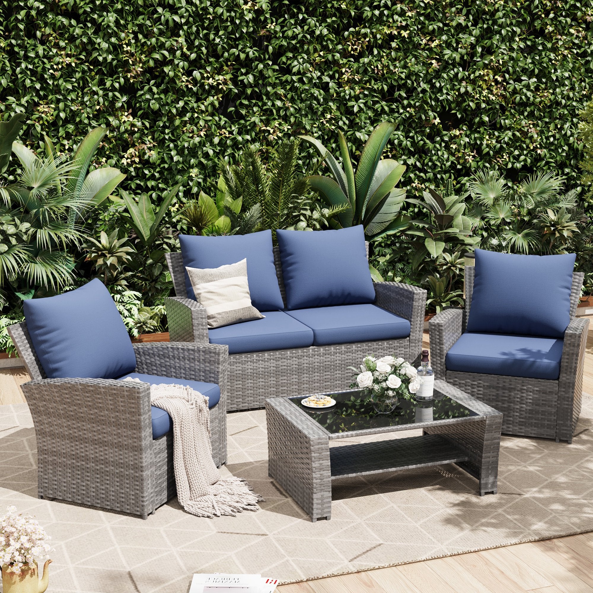 UDPATIO 4 Piece Outdoor Sectional Conversation Sets， Wicker Patio Furniture Set with Gray PE Rattan Patio Sofa Set for Balcony, Porch, Backyard, Blue