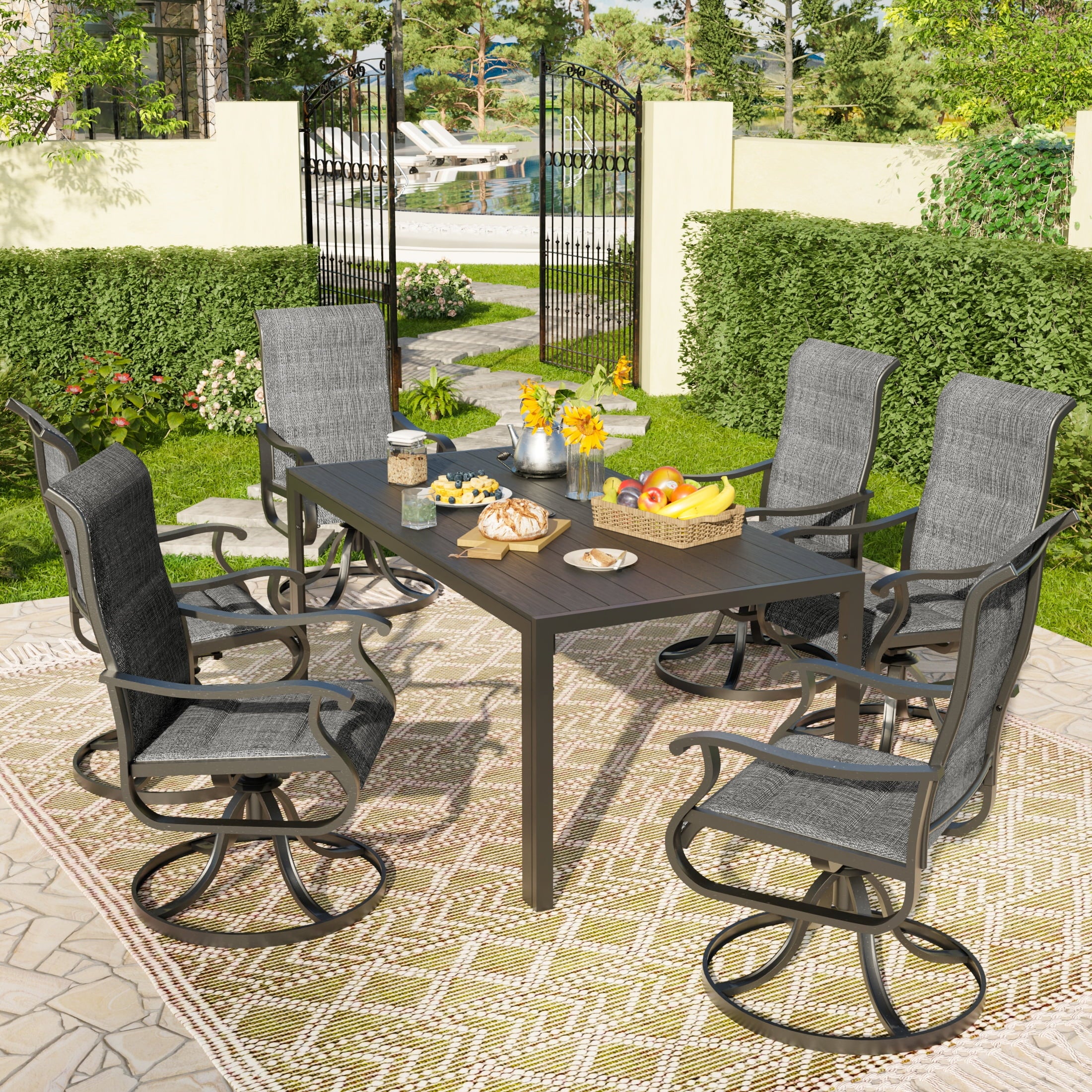 UDPATIO 7-Piece Outdoor Dining Set with High-Back Swivel Padded Chairs & Iron Rectangle Table for 6-Person, Black & Dark Grey