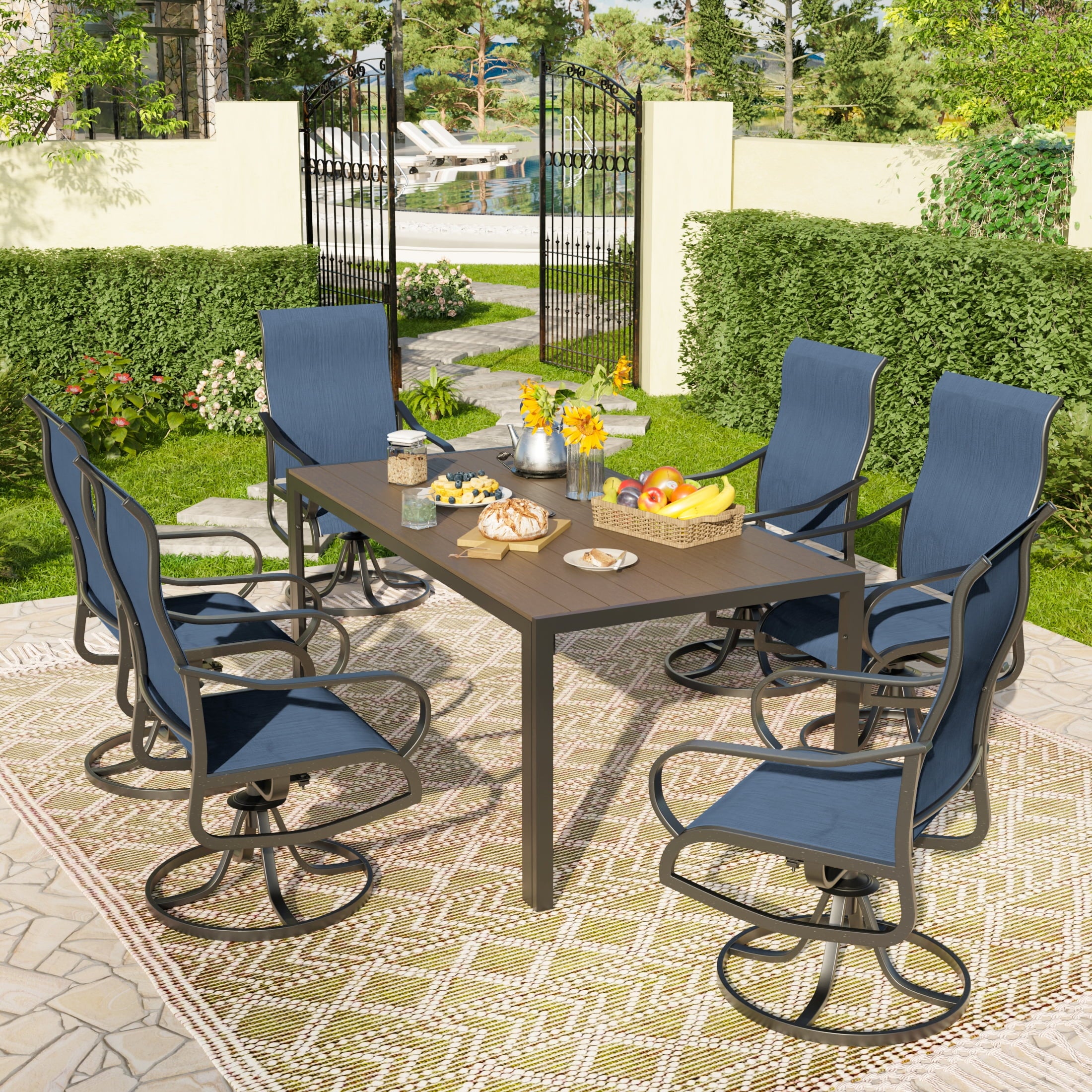 UDPATIO 7-Piece Outdoor Dining Set with High-Back Swivel Chairs & Iron Rectangle Table for 6-Person,Brown & Navy Blue