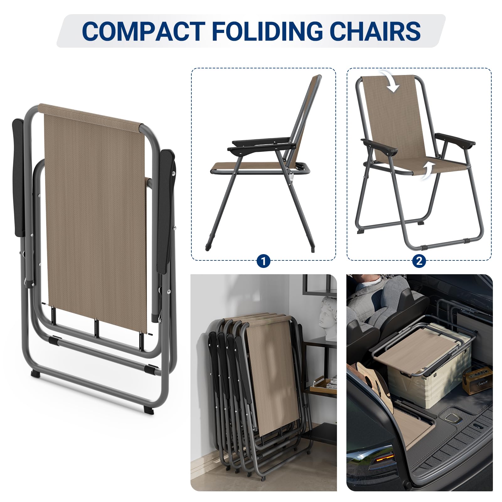 UDPATIO Patio Folding Chairs Set of 6, Lightweight Portable Patio Chair with Sturdy Steel Frame and Weather-Resistant Textilene Fabric, Brown