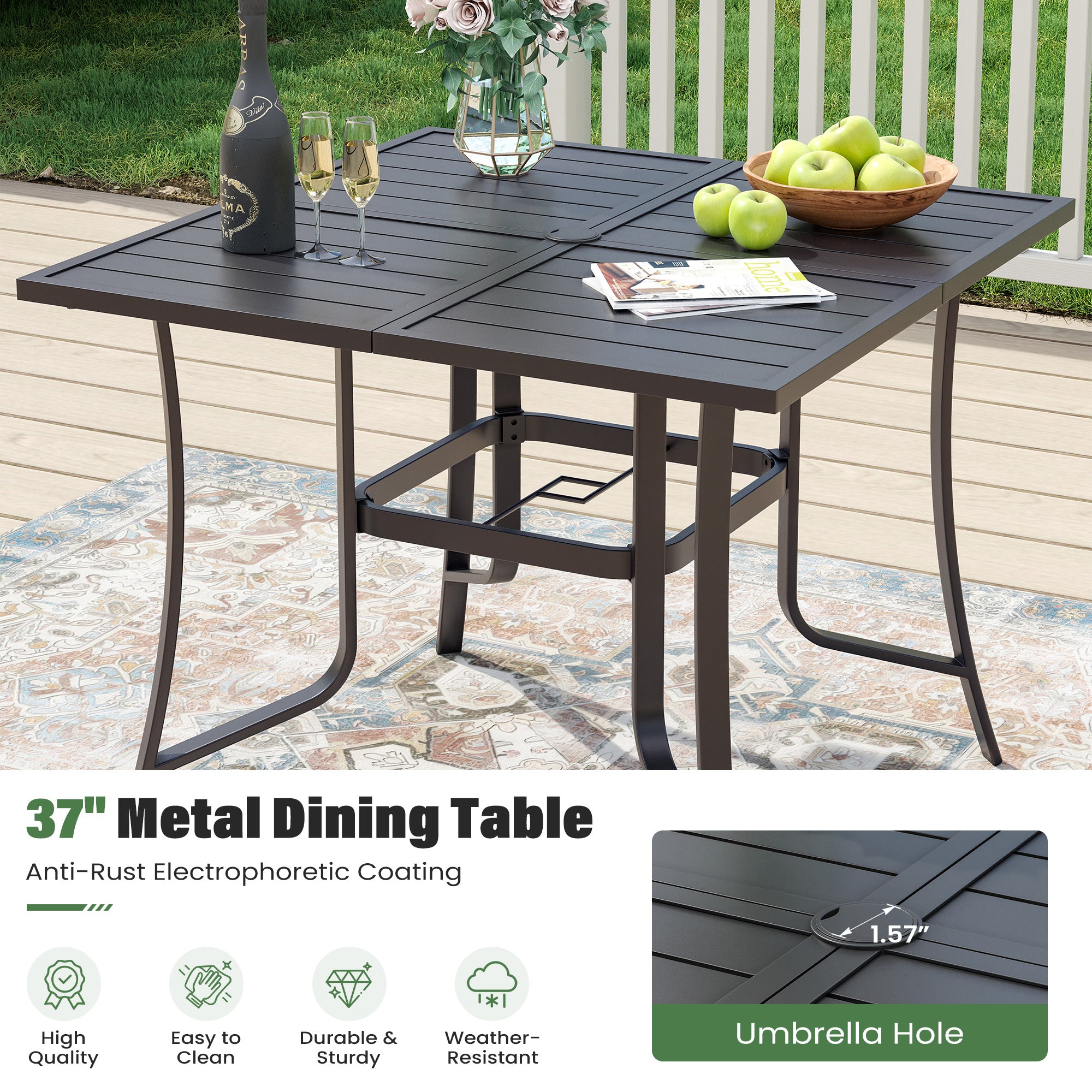 UDPATIO 5 Piece Patio Dining Set for 4, 37" Black Square Table with Umbrella Hole, Metal Brown Patio Chairs Set of 6, Patio Outdoor Table and Chair Set, Outside Dining Set for Lawn, Backyard
